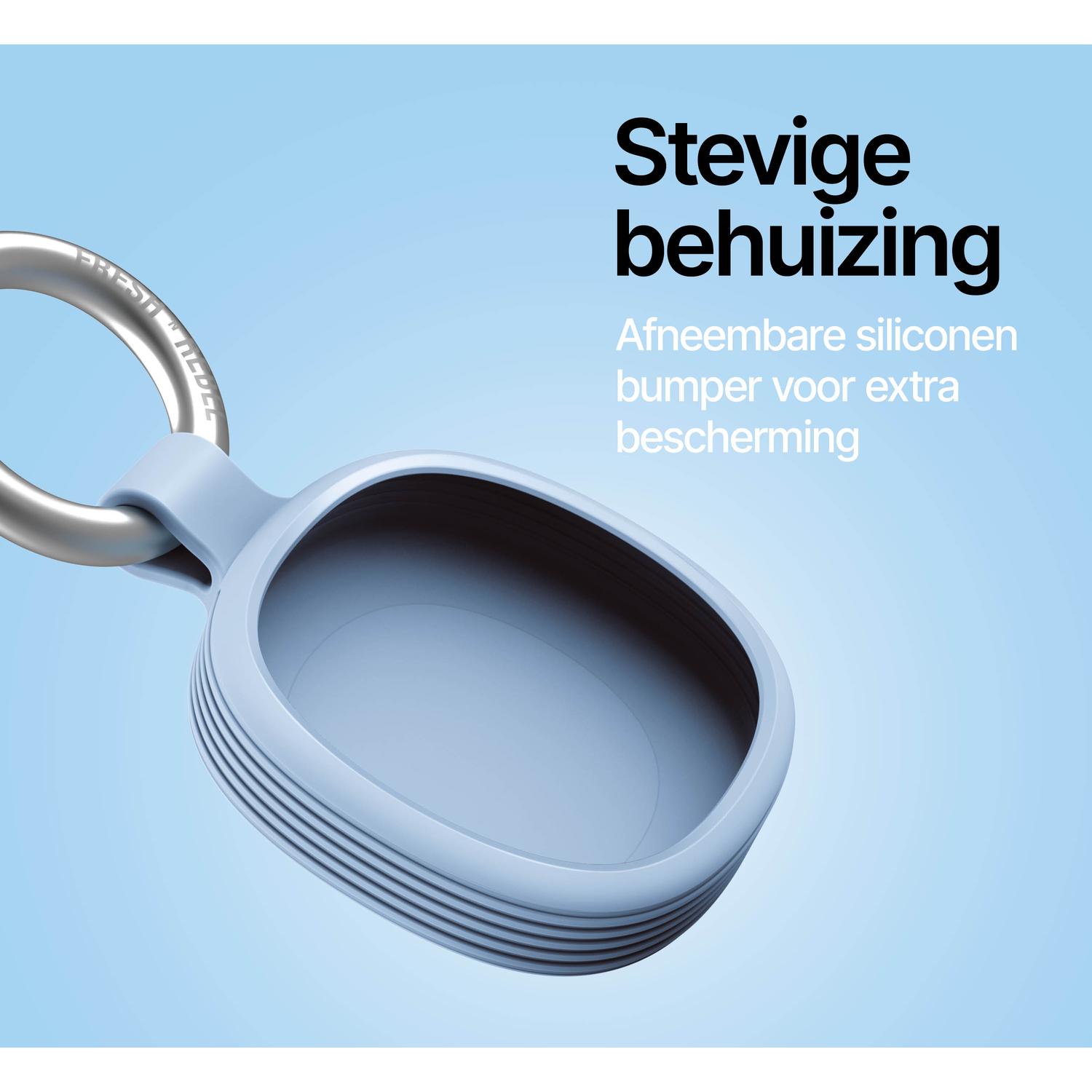 Light blue protective case with metal ring and text on blue background.