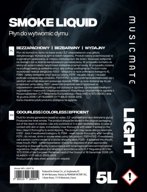Czarne opakowanie z białym napisem: SMOKE LIQUID, 5L.