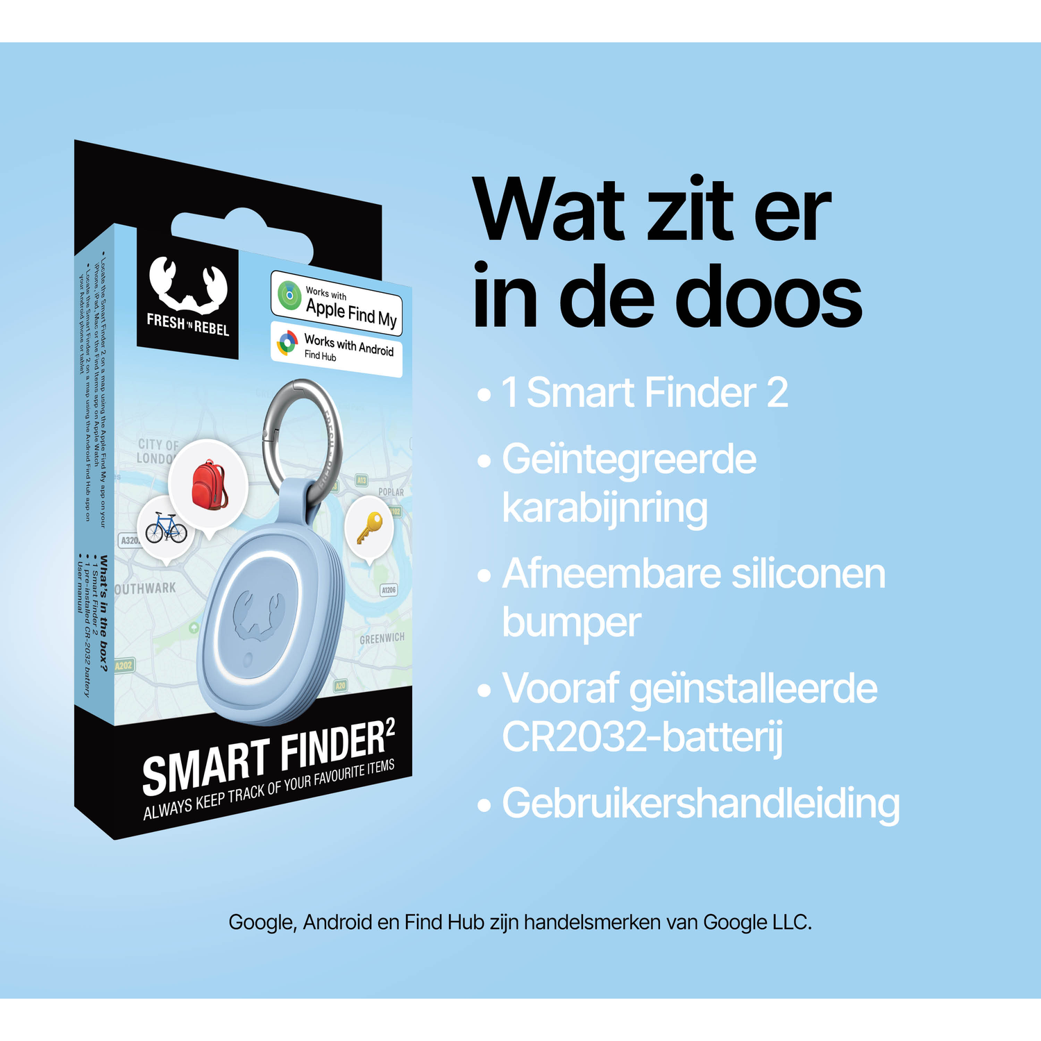 Box contents: Smart Finder 2, carabiner, silicone bumper, battery, manual.