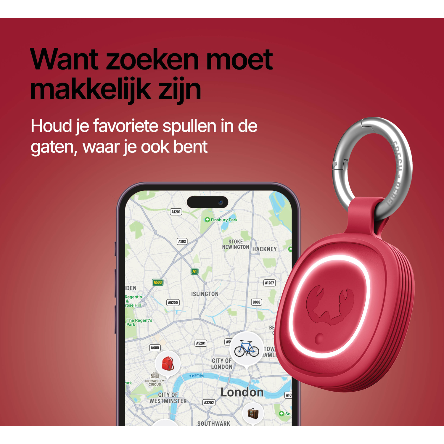 A red tracker with a glowing circle next to a smartphone displaying a map of London.
