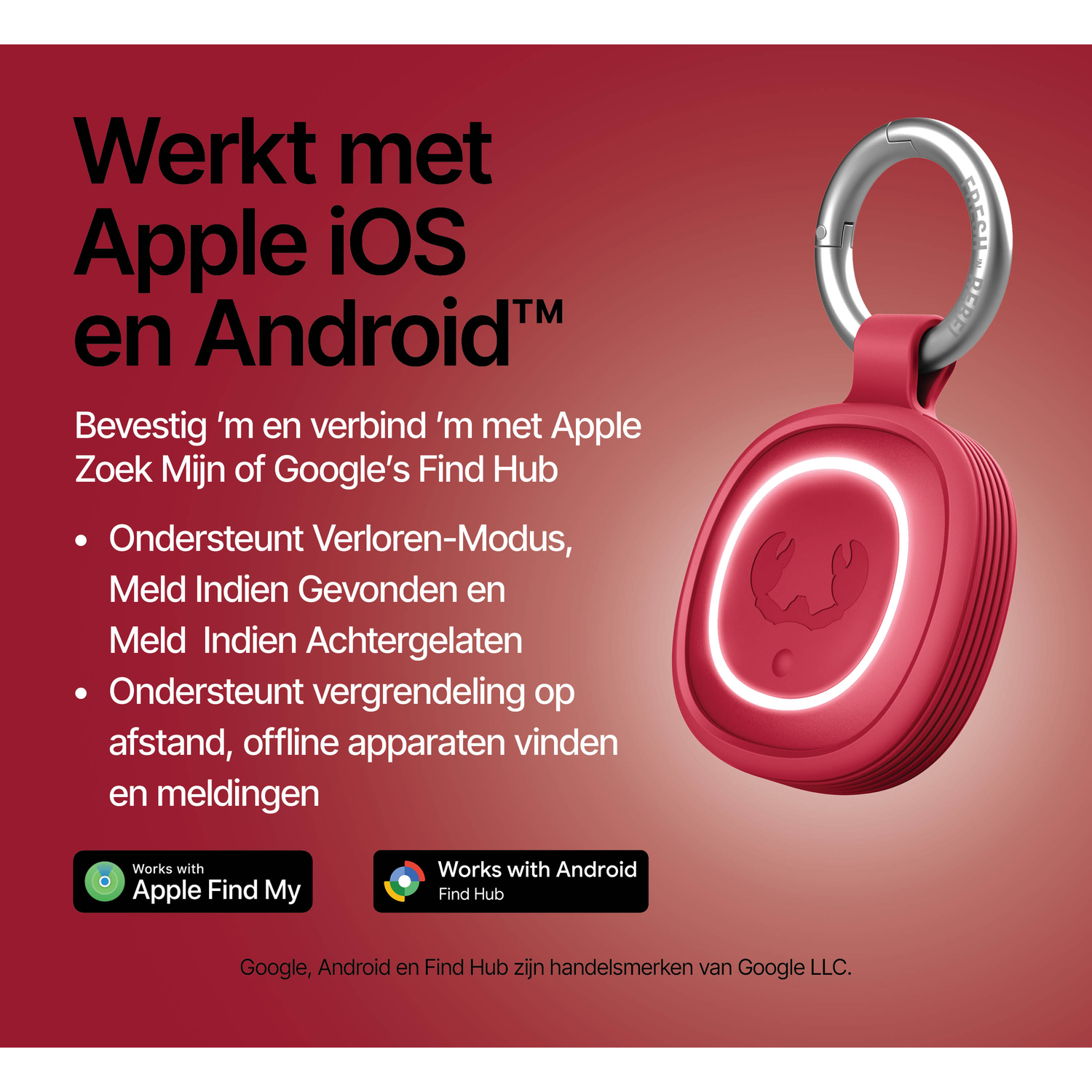 Red tracker with keyring. Compatible with Apple Find My and Google Find Hub.