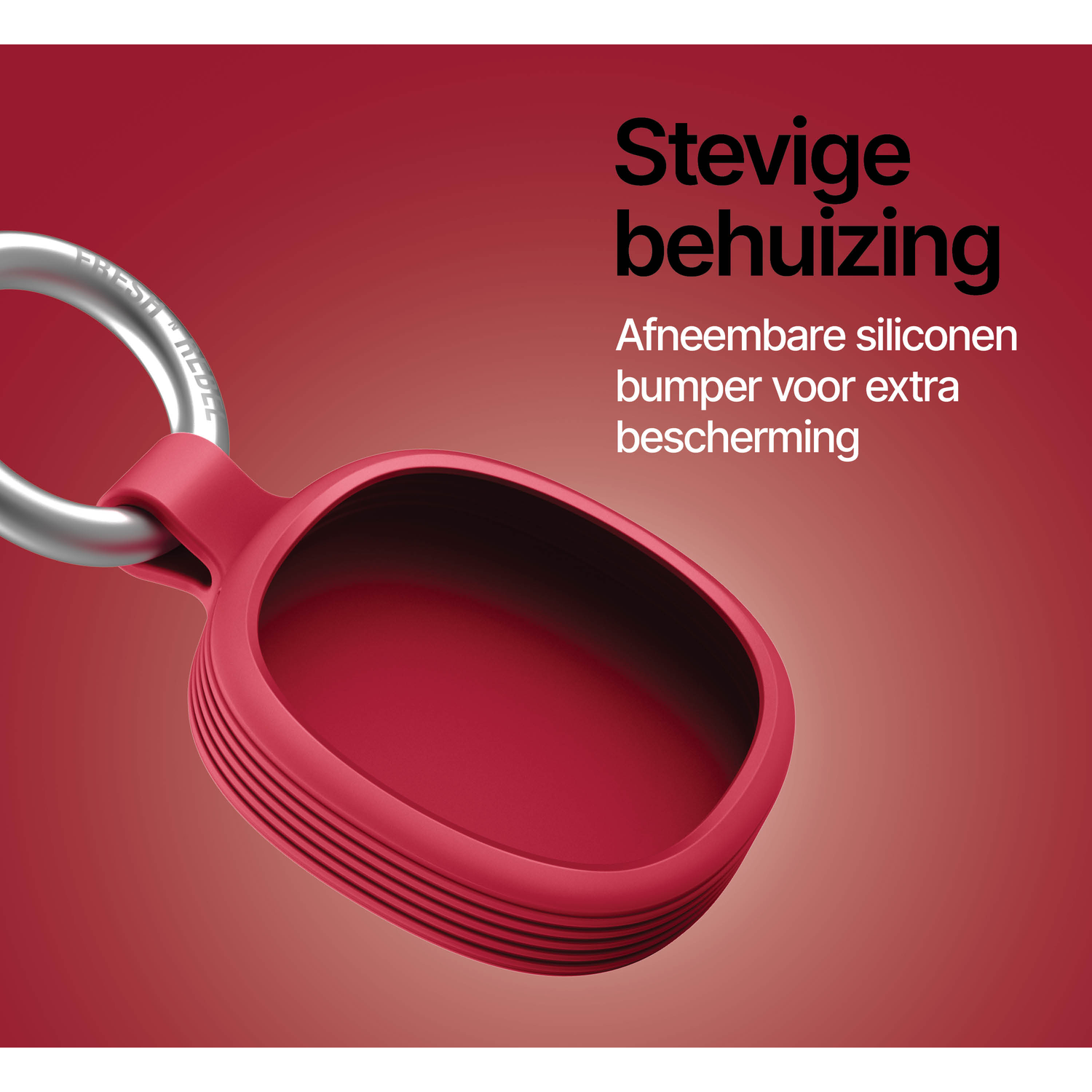 Red silicone case with keyring. Text: Sturdy housing, removable silicone bumper.