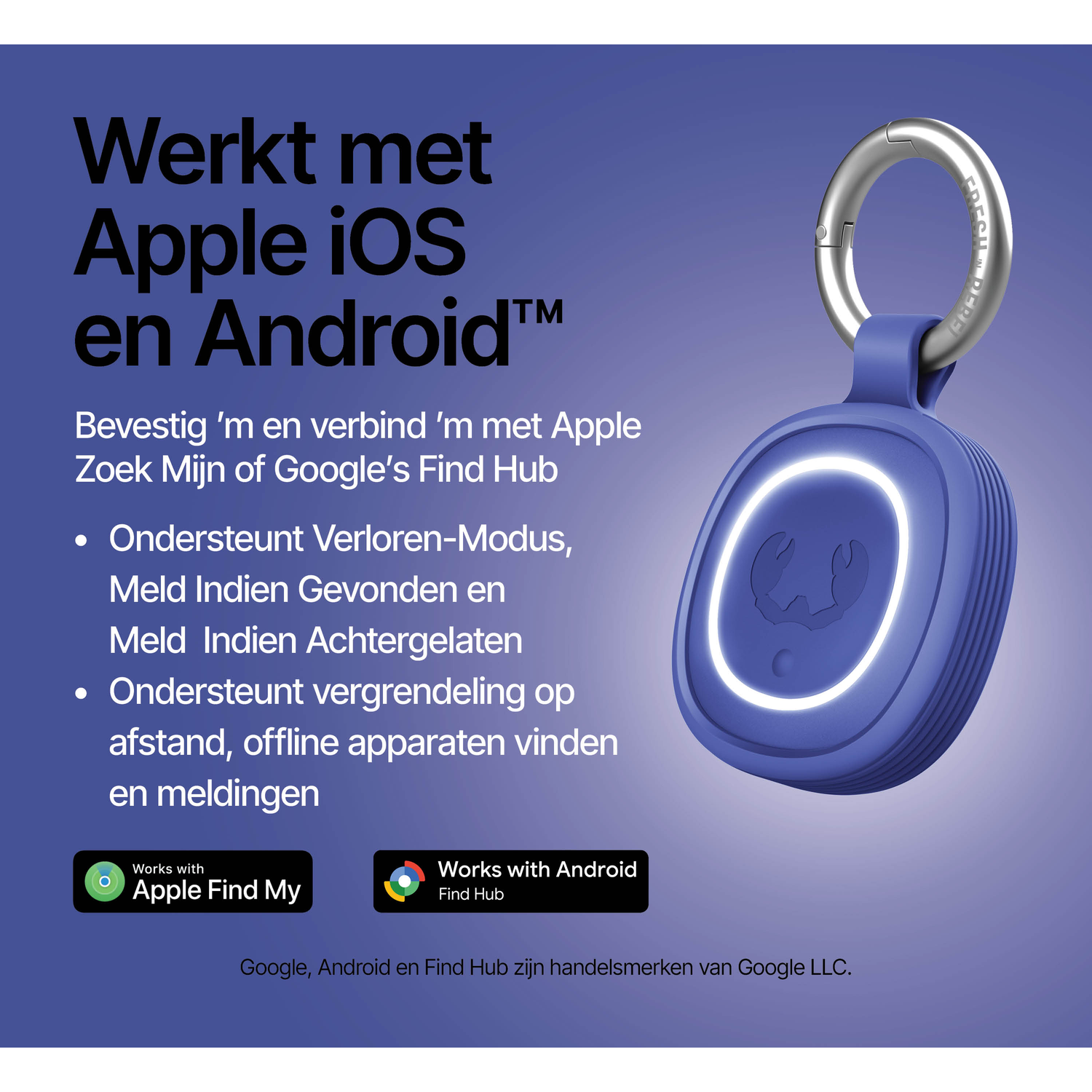 A blue tracker with a silver keyring, compatible with Apple and Android.