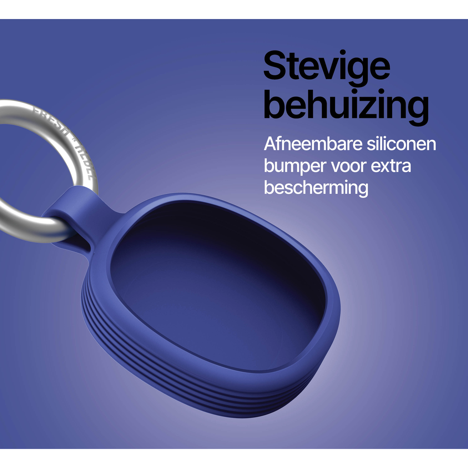Dark blue silicone AirTag cover with metal ring. Sturdy casing.