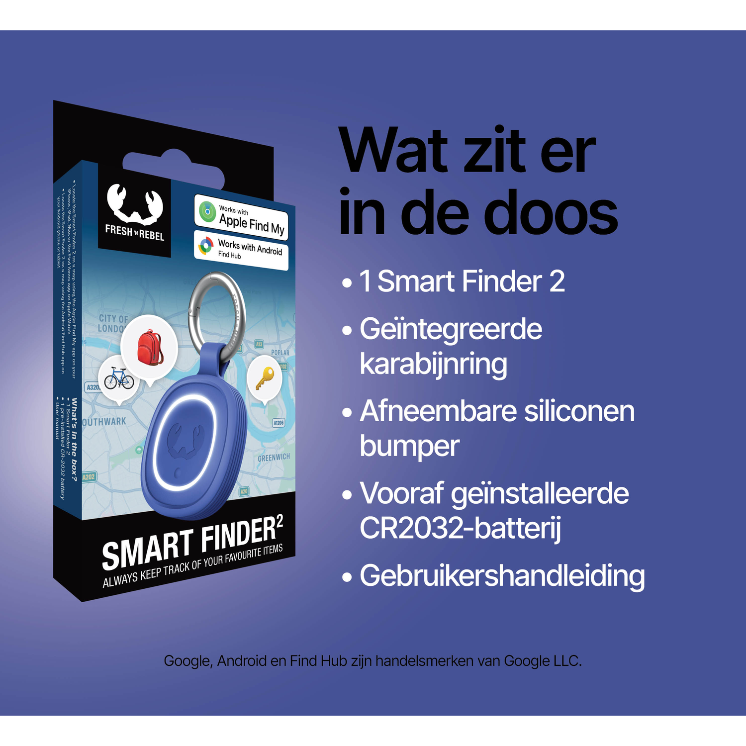 Blue Smart Finder 2 with carabiner on London map, with text on contents and features.