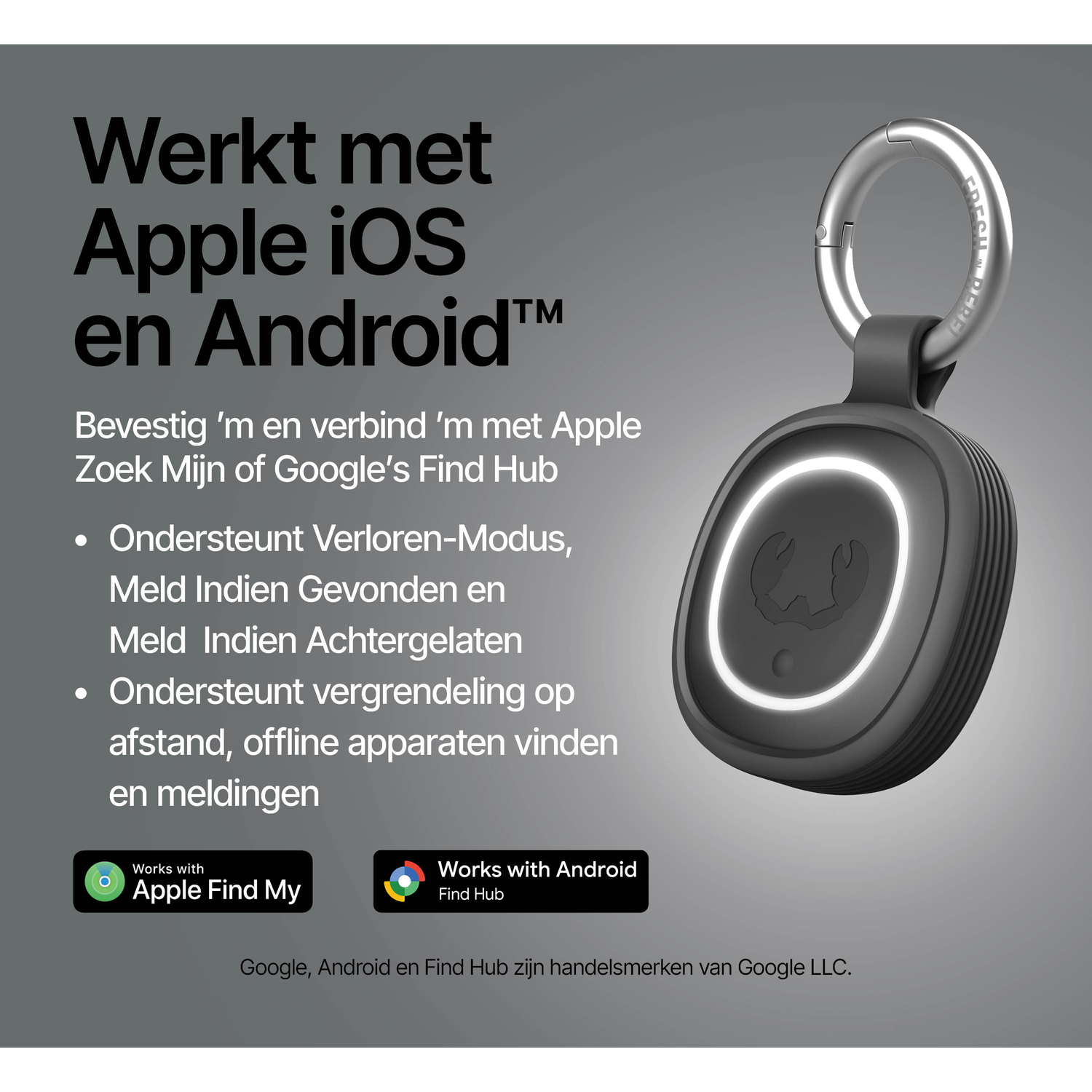 Grey tracker with silver ring, compatible with Apple and Android.