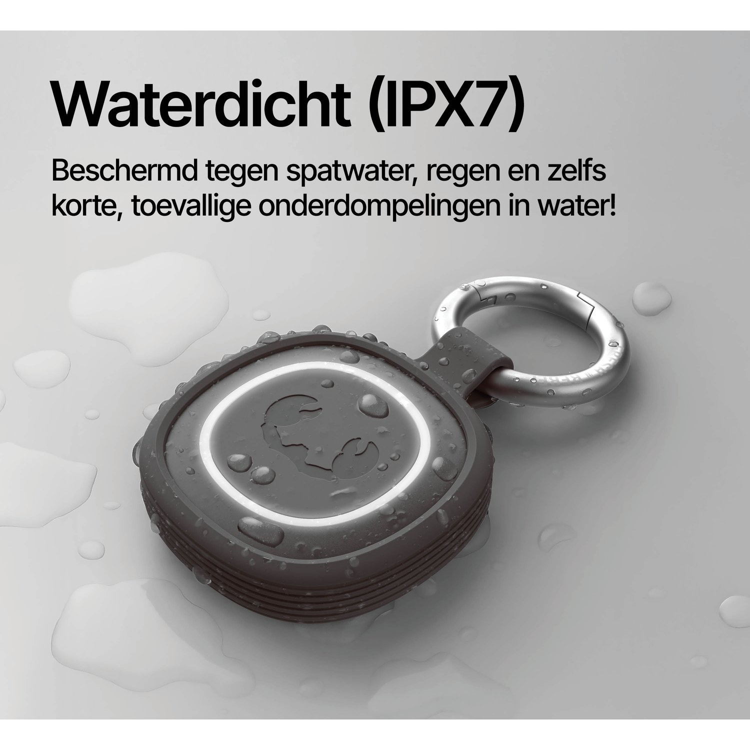 Waterproof speaker with carabiner, featuring water droplets.