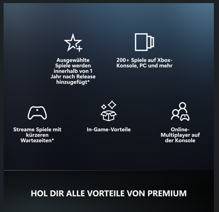 Symbole zeigen Spiele-Vorteile: Neue Spiele, 200+ Spiele, Streaming, In-Game-Vorteile, Online-Multiplayer.