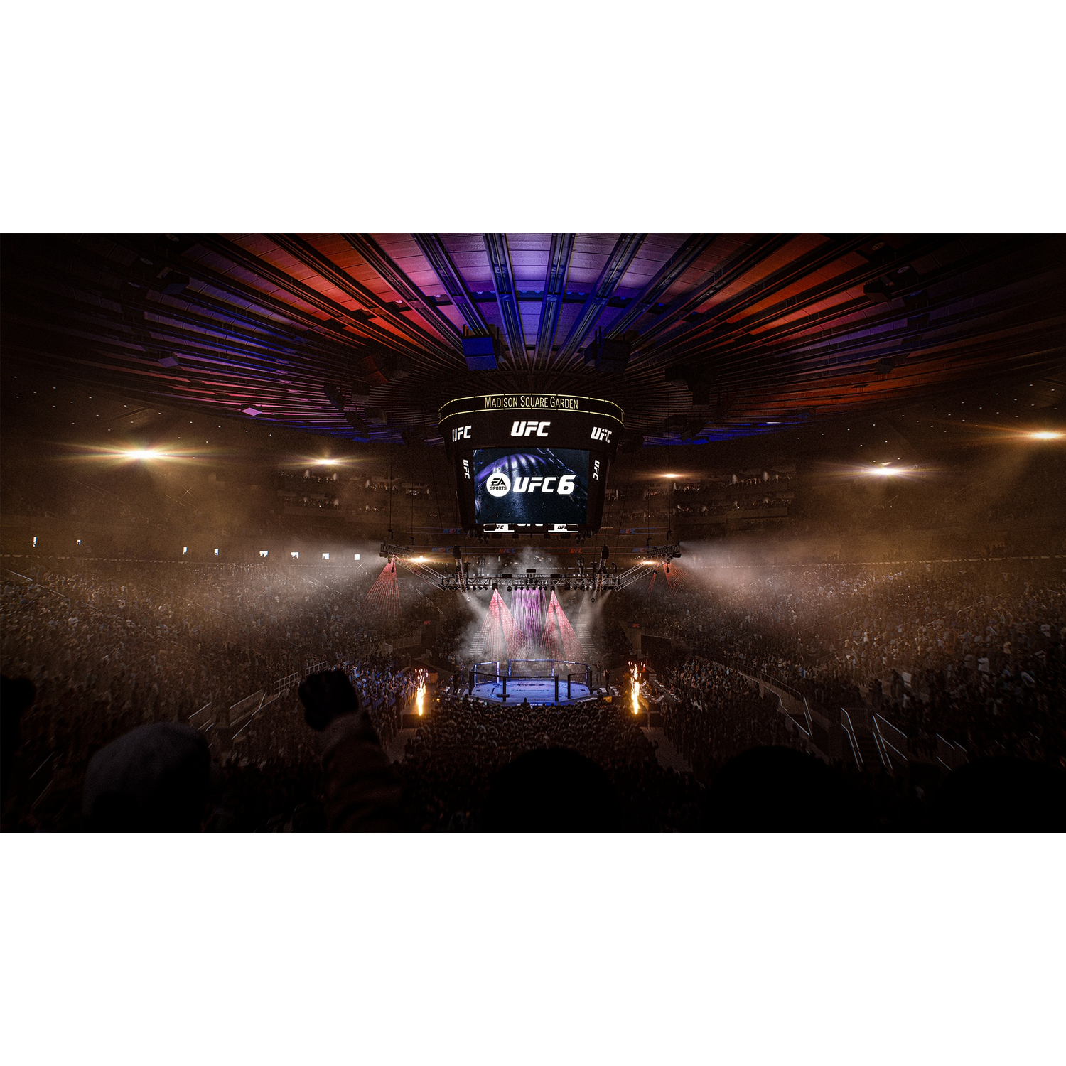 Een UFC-gevecht in Madison Square Garden, verlicht door spots en publiek.