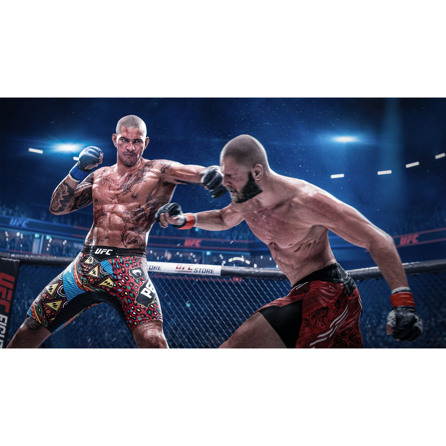 Twee MMA-vechters in een ring, één met tatoeages, die een klap uitdeelt aan de ander.