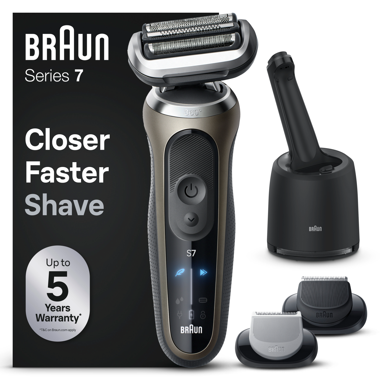 Braun Series 7 elektrische scheerapparaat met oplaadstation en reservekoppen.
