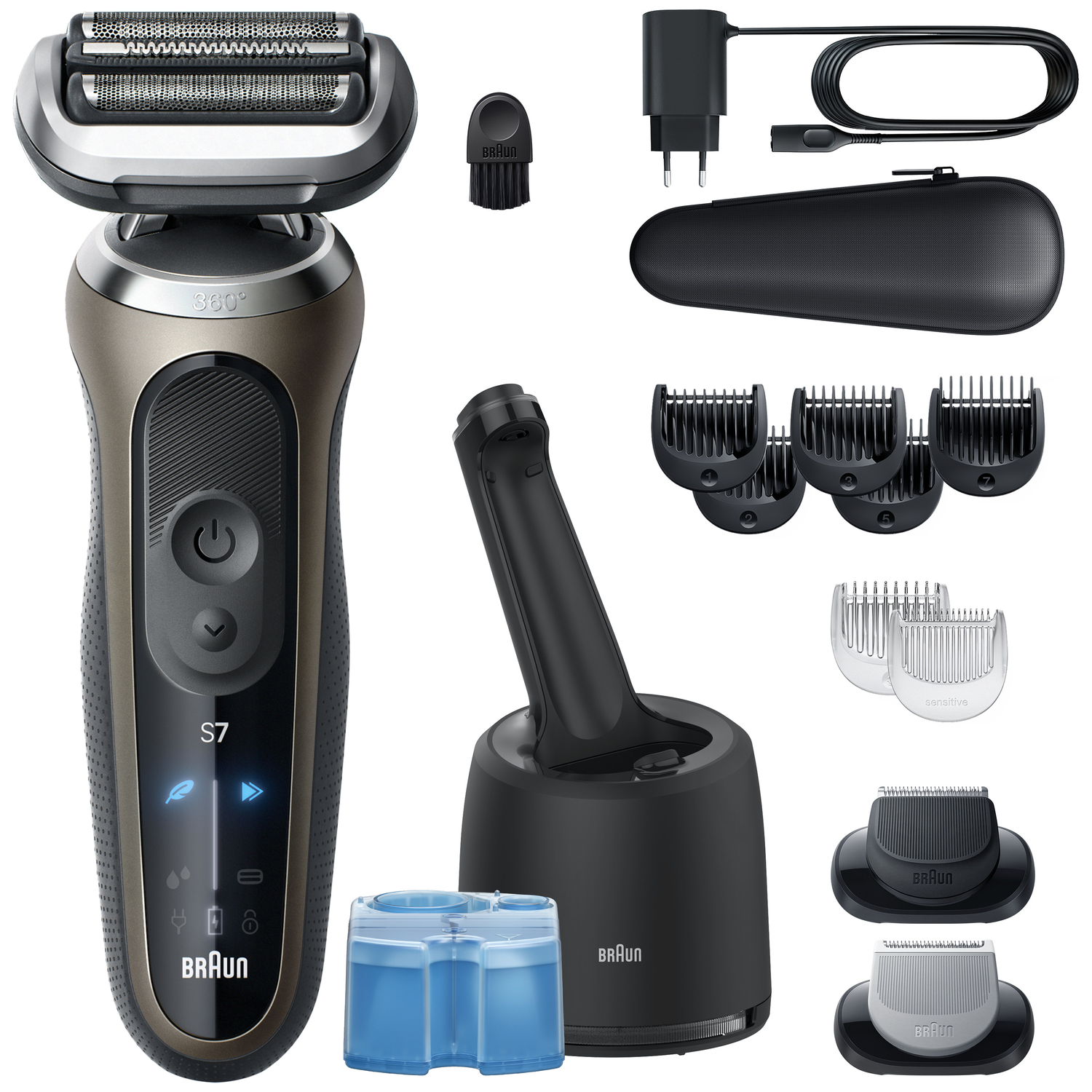Een Braun S7 scheerapparaat met accessoires: oplaadstation, snoer, reisetui, opzetstukken.