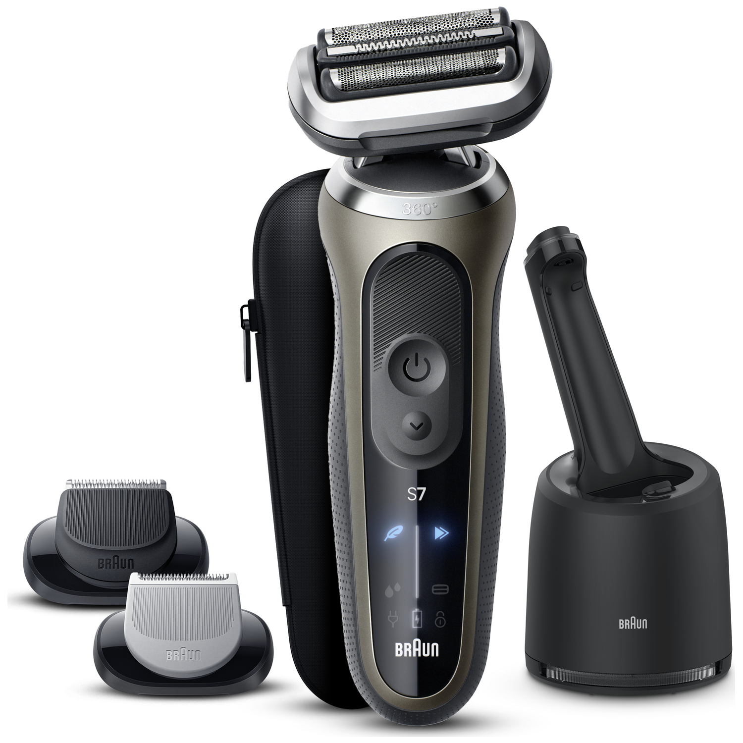 Braun S7 elektrische scheerapparaat met oplaadstation en twee opzetstukken op wit.