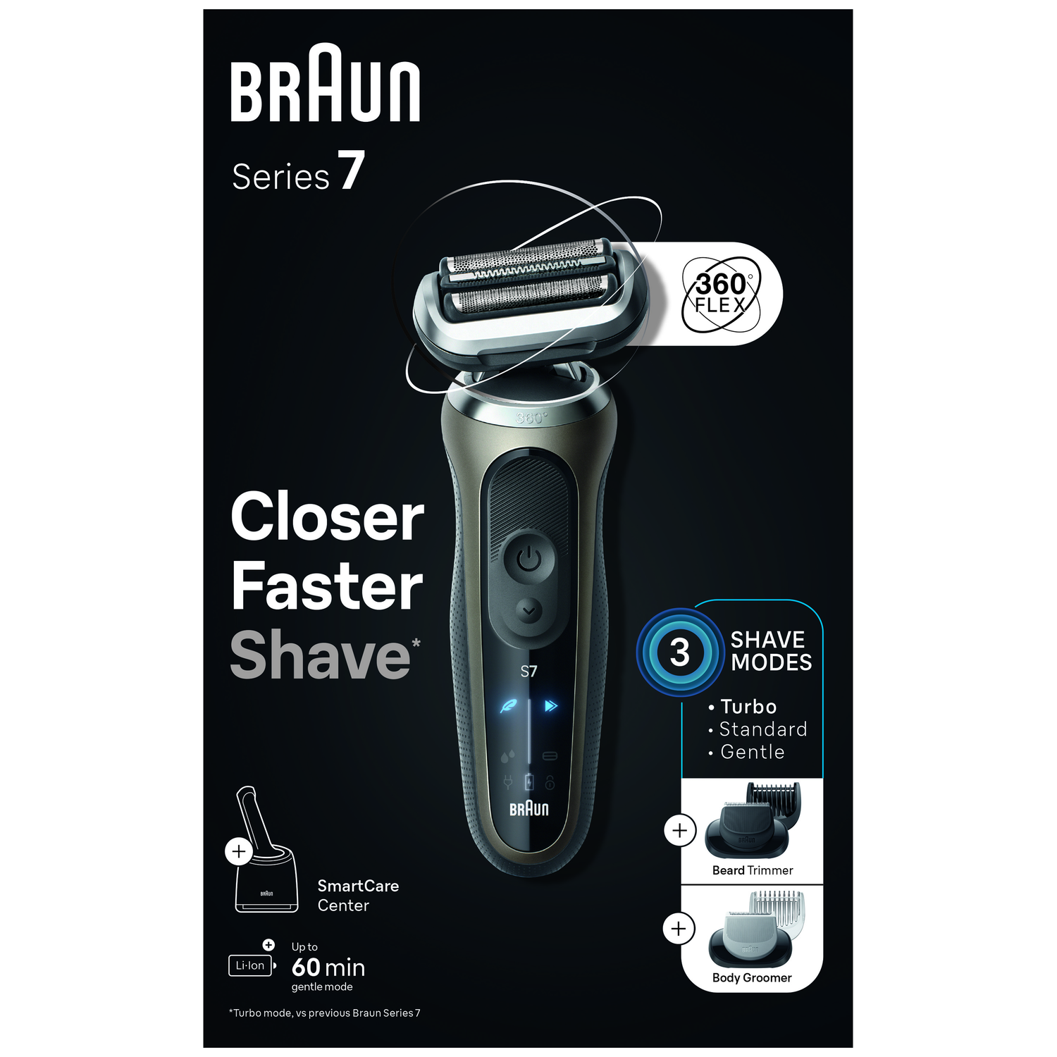 Braun Series 7 elektrische scheerapparaat met 360 Flex kop en 3 scheerstanden.