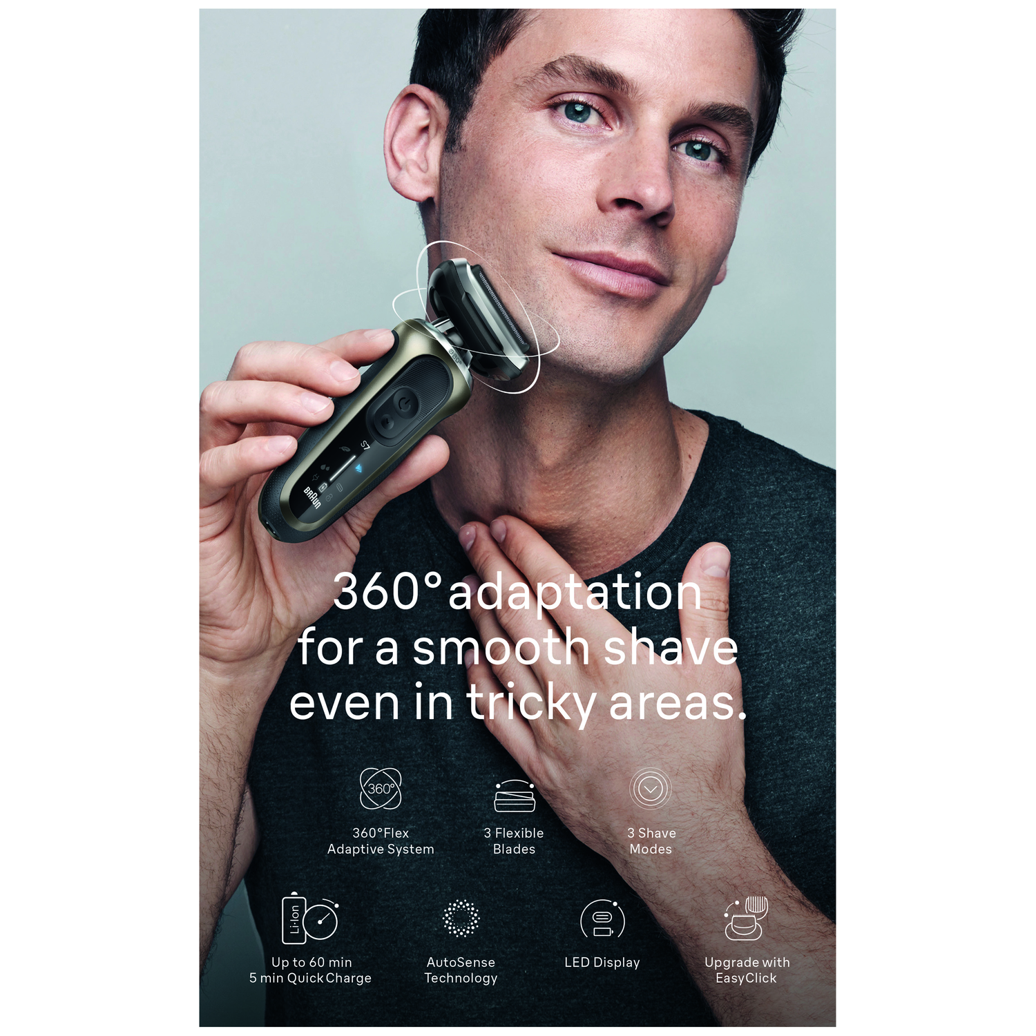 Een man scheert zijn nek met een Braun elektrisch scheerapparaat, waarbij de 360° aanpassing en andere functies worden benadrukt.