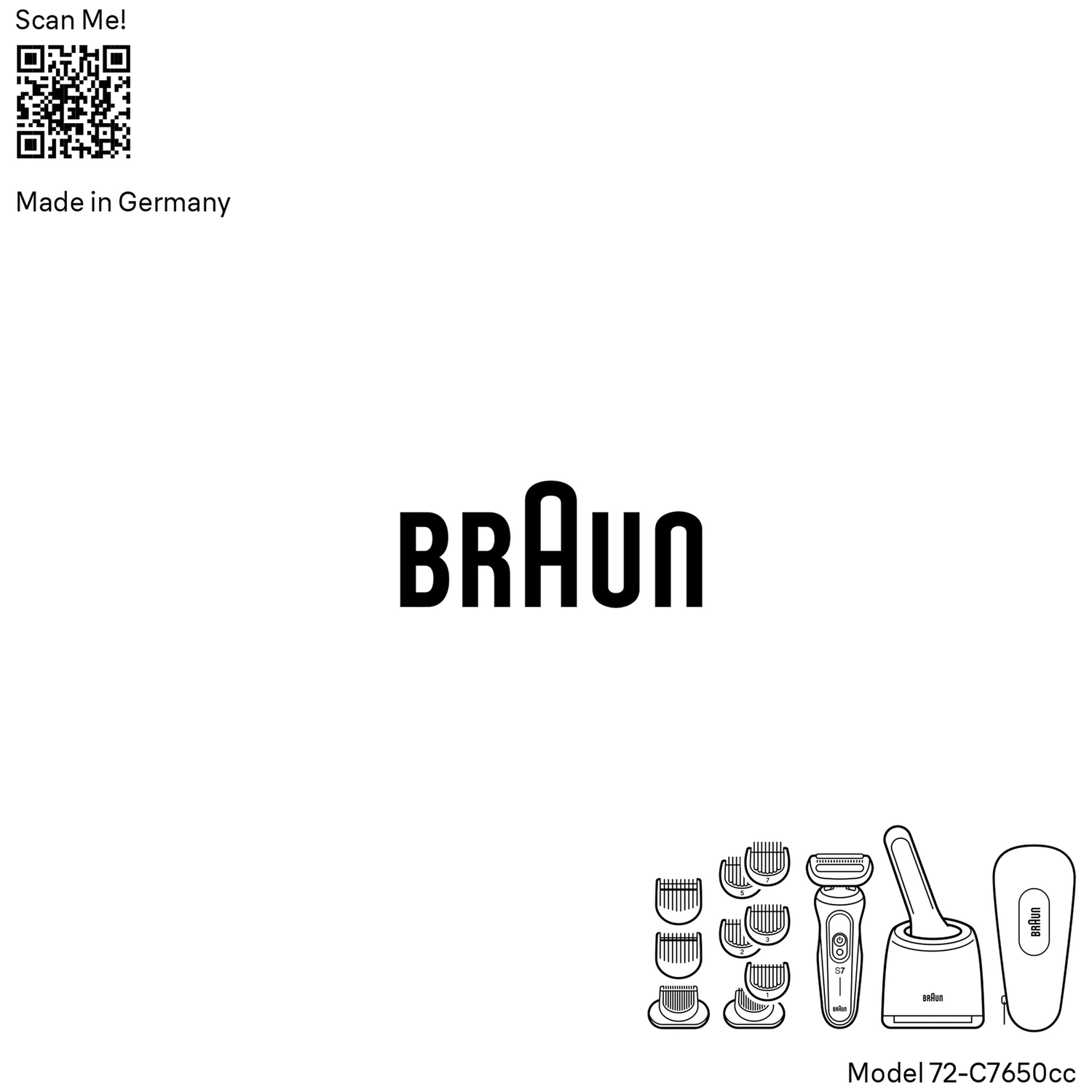 Braun scheerset: scheerapparaat, oplaadstation, mesjes en handleiding.