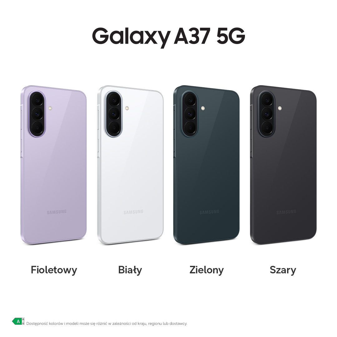 Cztery smartfony Samsung Galaxy A37 5G w kolorach fioletowym, białym, zielonym i szarym.
