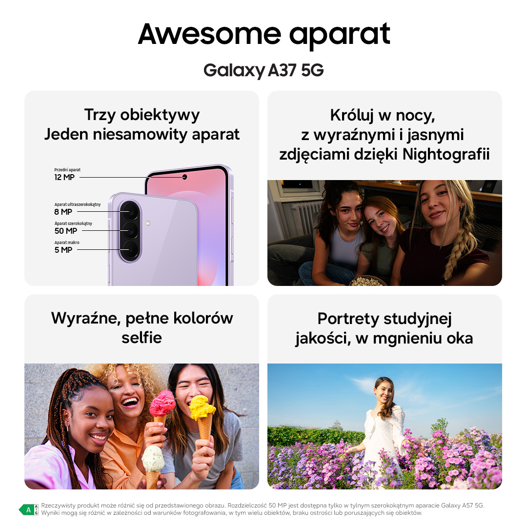 Funkcje Galaxy A37 5G: Potrójny aparat, nocna fotografia, selfie i portrety.