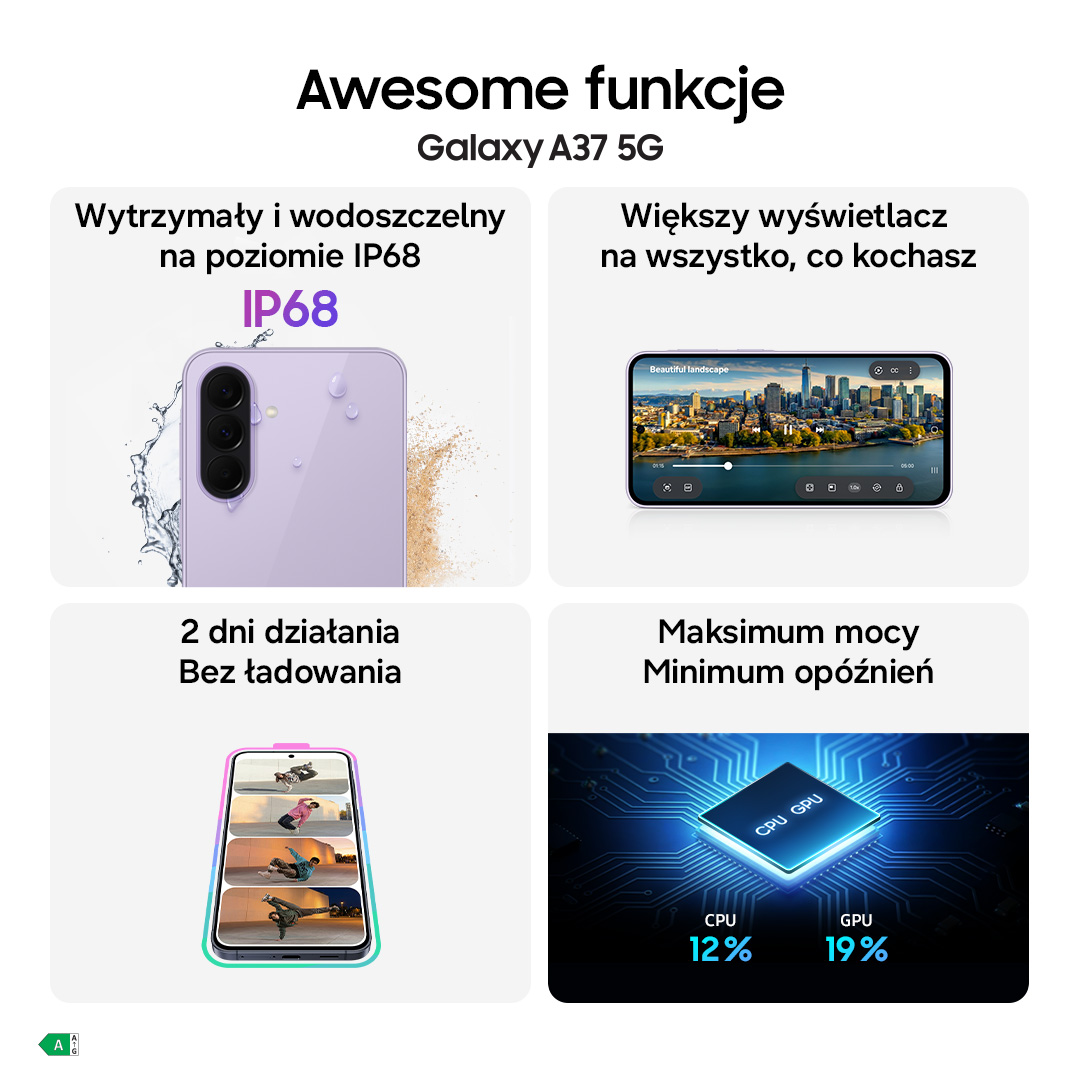 Fioletowy Samsung Galaxy A37 5G z IP68, dużym ekranem, baterią na 2 dni i wydajnością CPU/GPU.