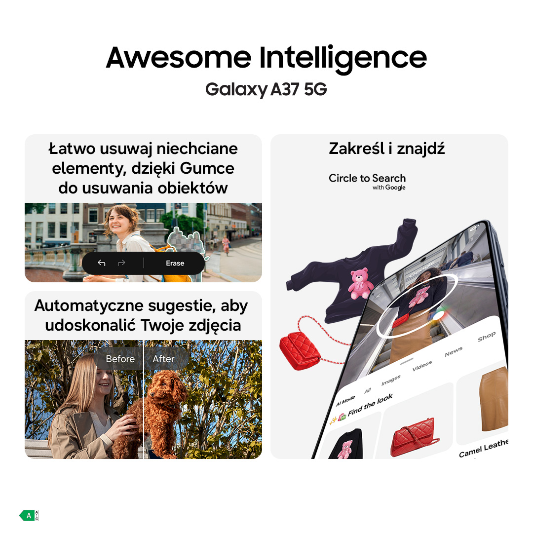 Telefon Samsung Galaxy A37 5G z funkcją Circle to Search. Obraz pokazuje usuwanie obiektów i sugestie zdjęć.