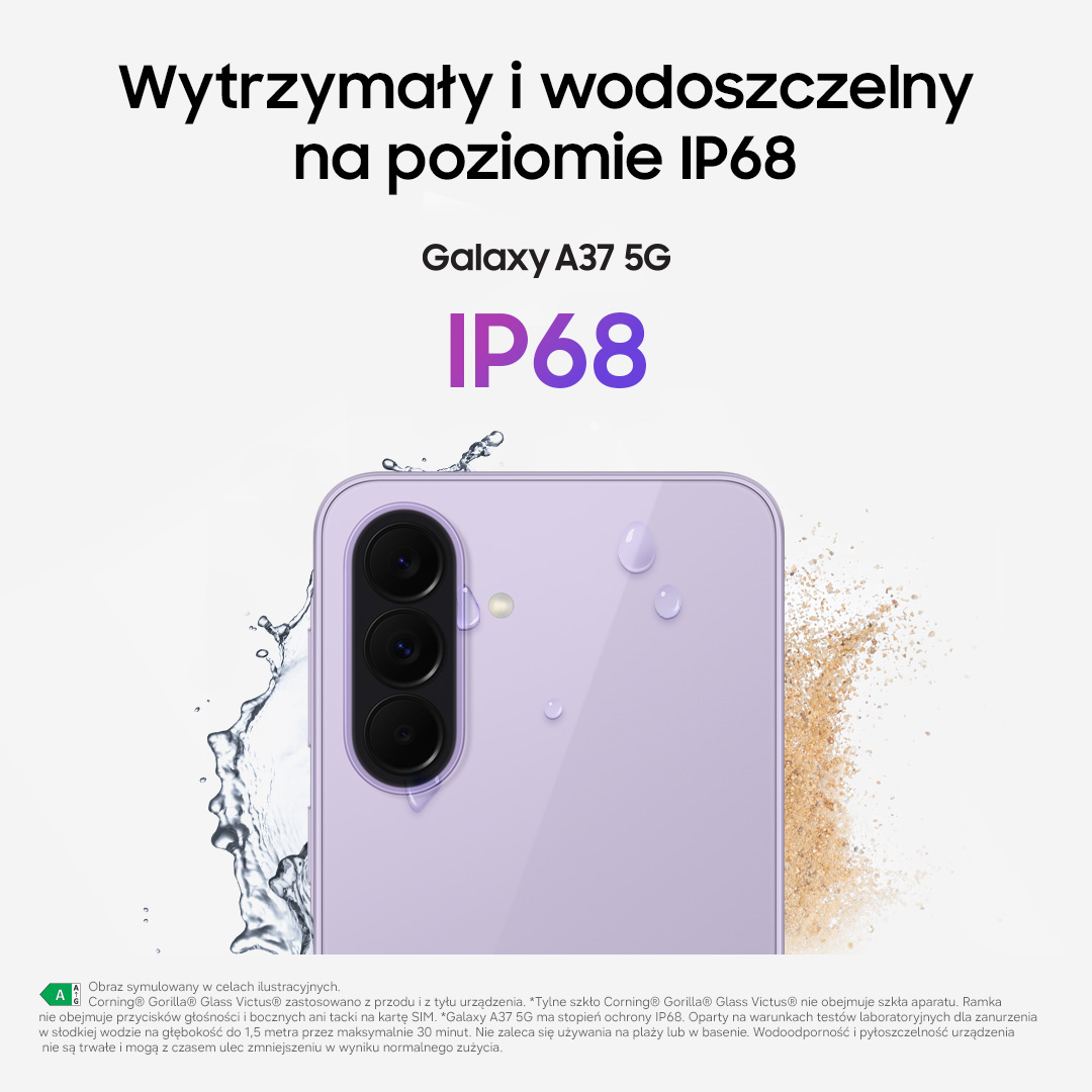 Fioletowy Samsung Galaxy A37 5G ze strugami wody i kroplami. Klasa IP68.