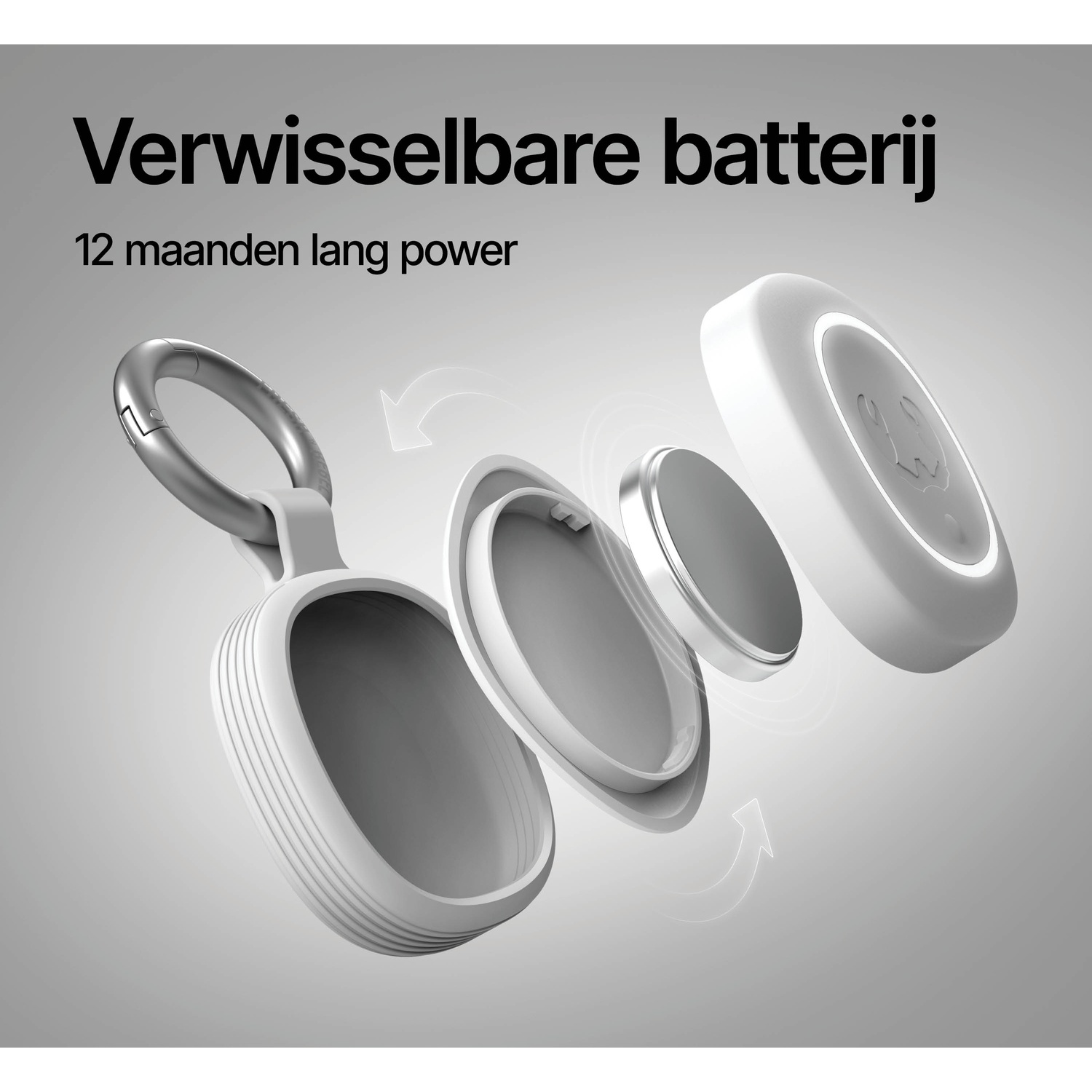 Exploded view of a white earbud case with battery.