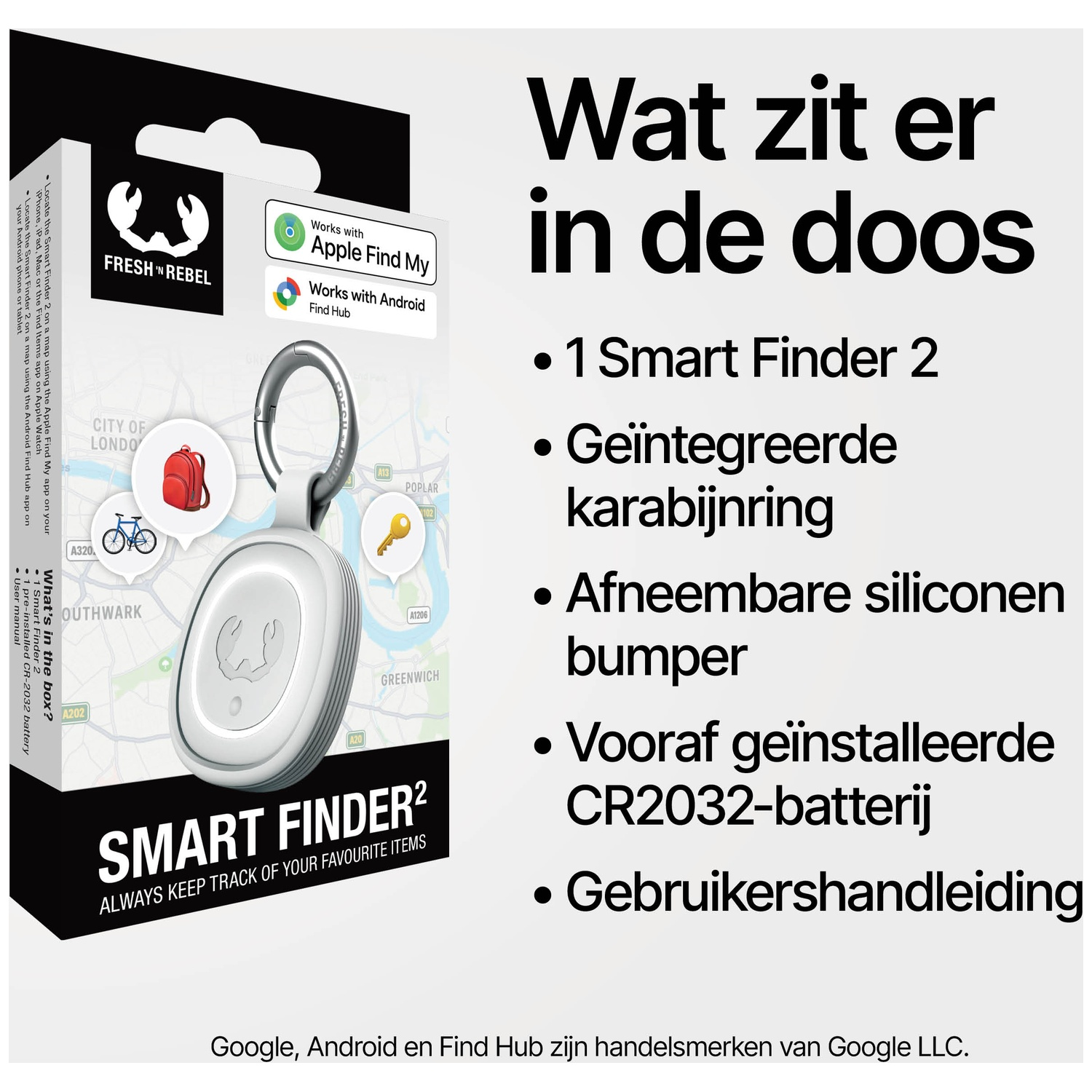 Box contents: Smart Finder 2, carabiner, silicone bumper, battery, manual. Works with Apple & Android.