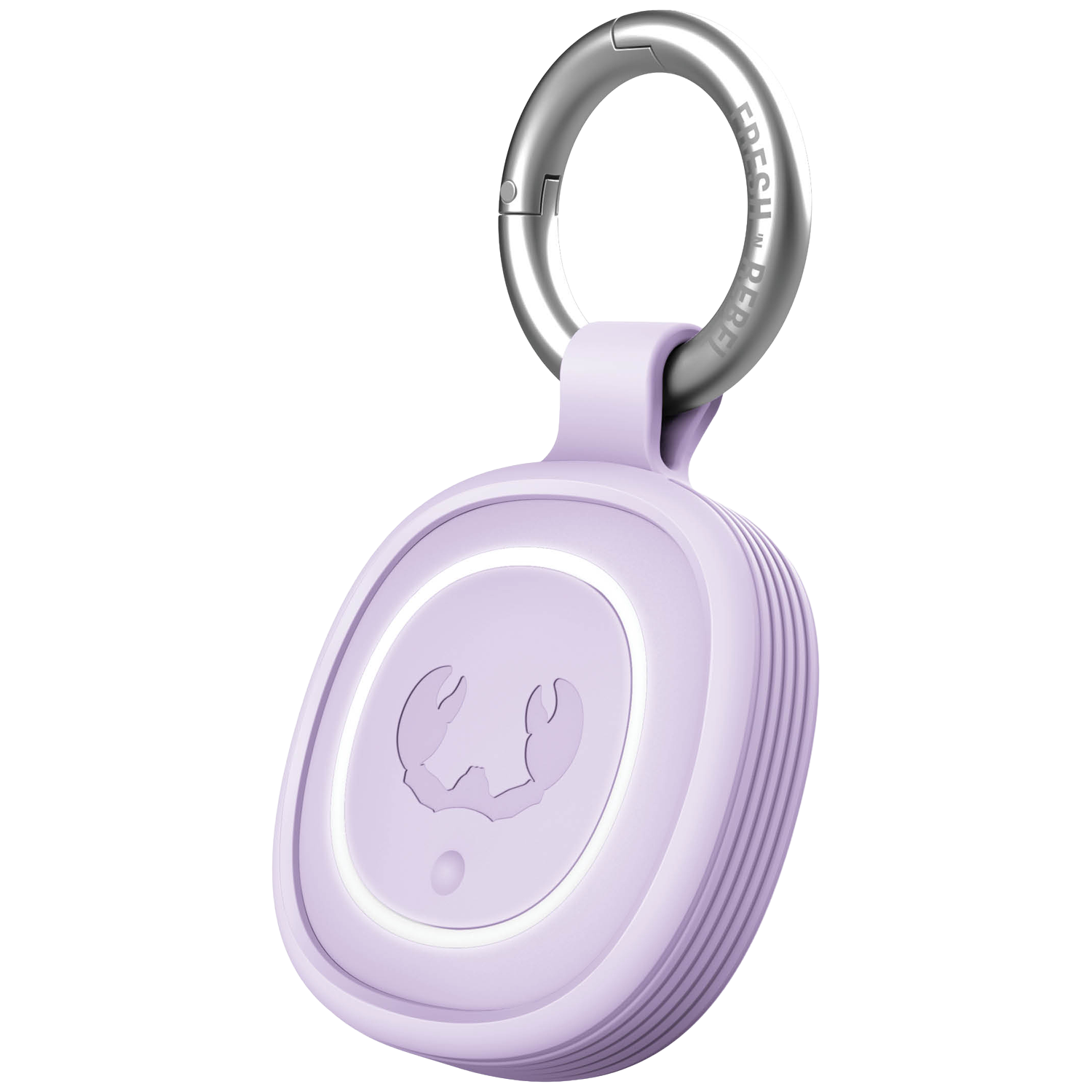 A lavender-colored pendant with a silver carabiner clip and a crab design.