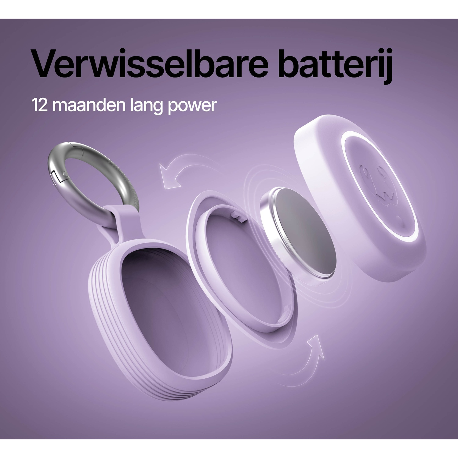 Exploded view of a purple case with battery and keyring, text about replaceable batteries.
