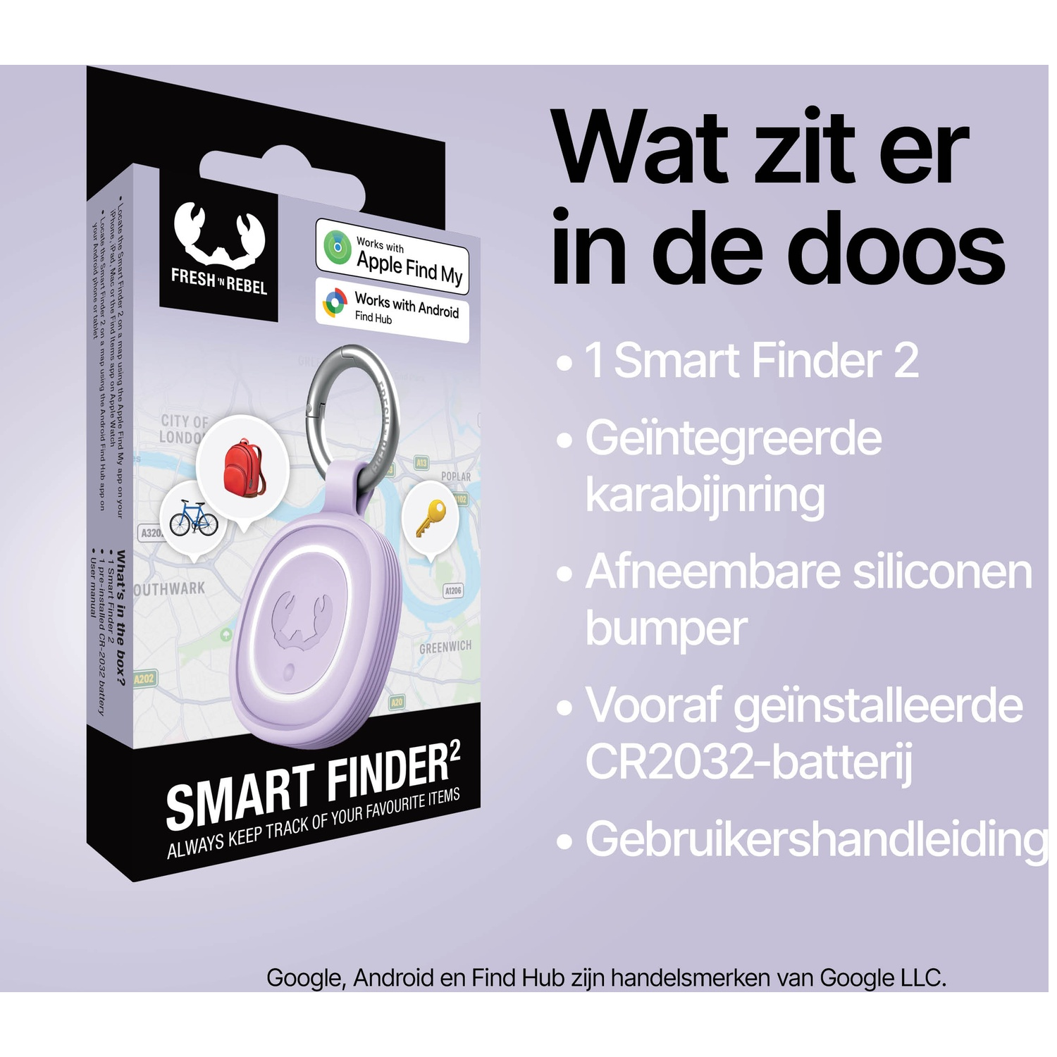 Packaging shows a purple Smart Finder 2, accessories, and text in Dutch.