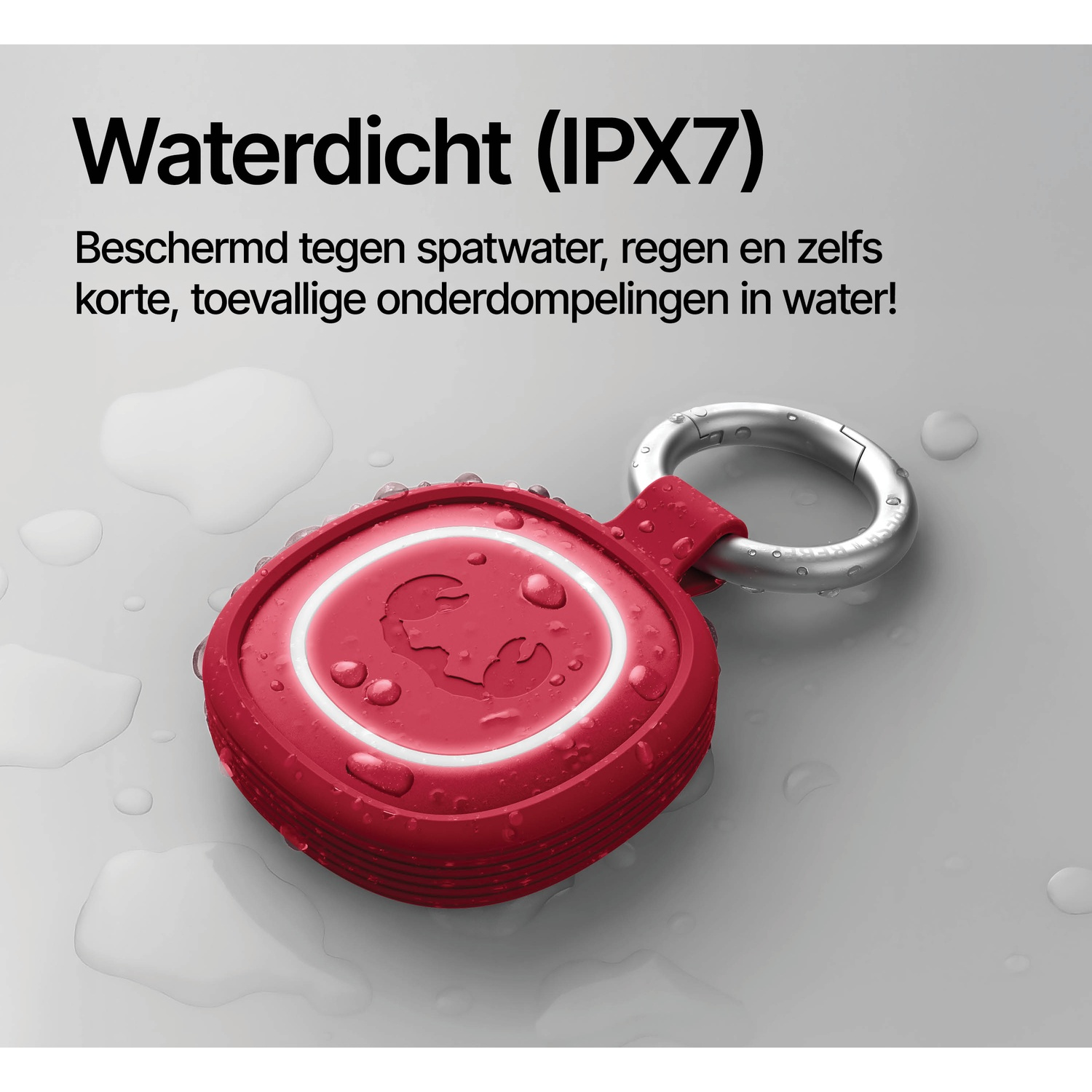 Red waterproof sphere with metal ring, surrounded by water.