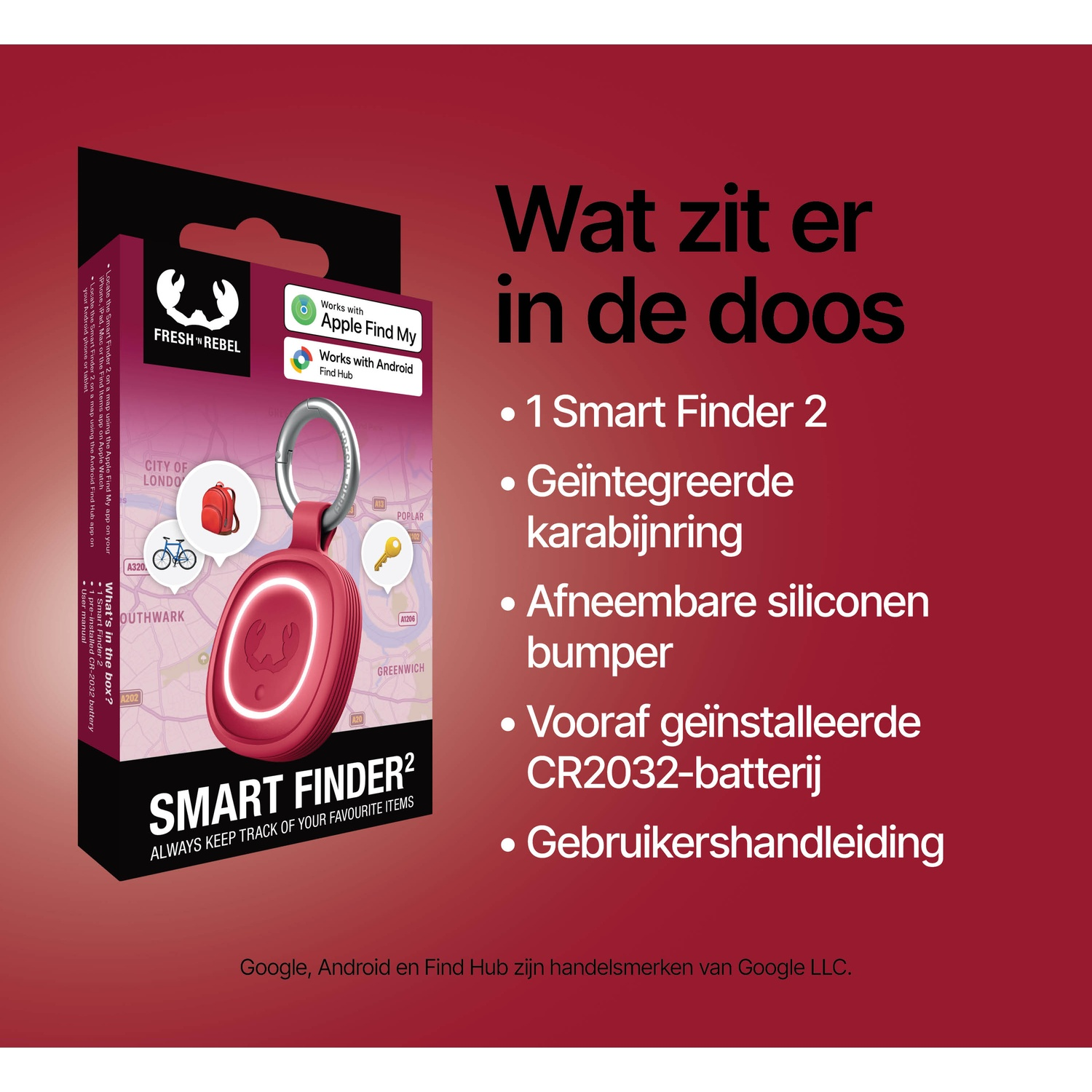 Box contents: Red Smart Finder 2 with carabiner, silicone bumper, battery, manual.