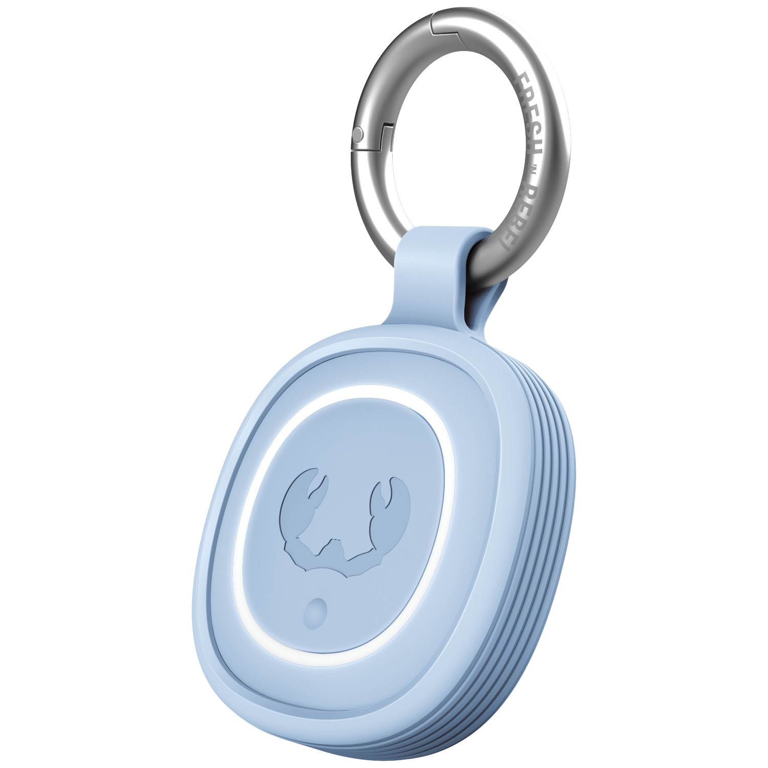 Light blue case with silver keyring and crab symbol.