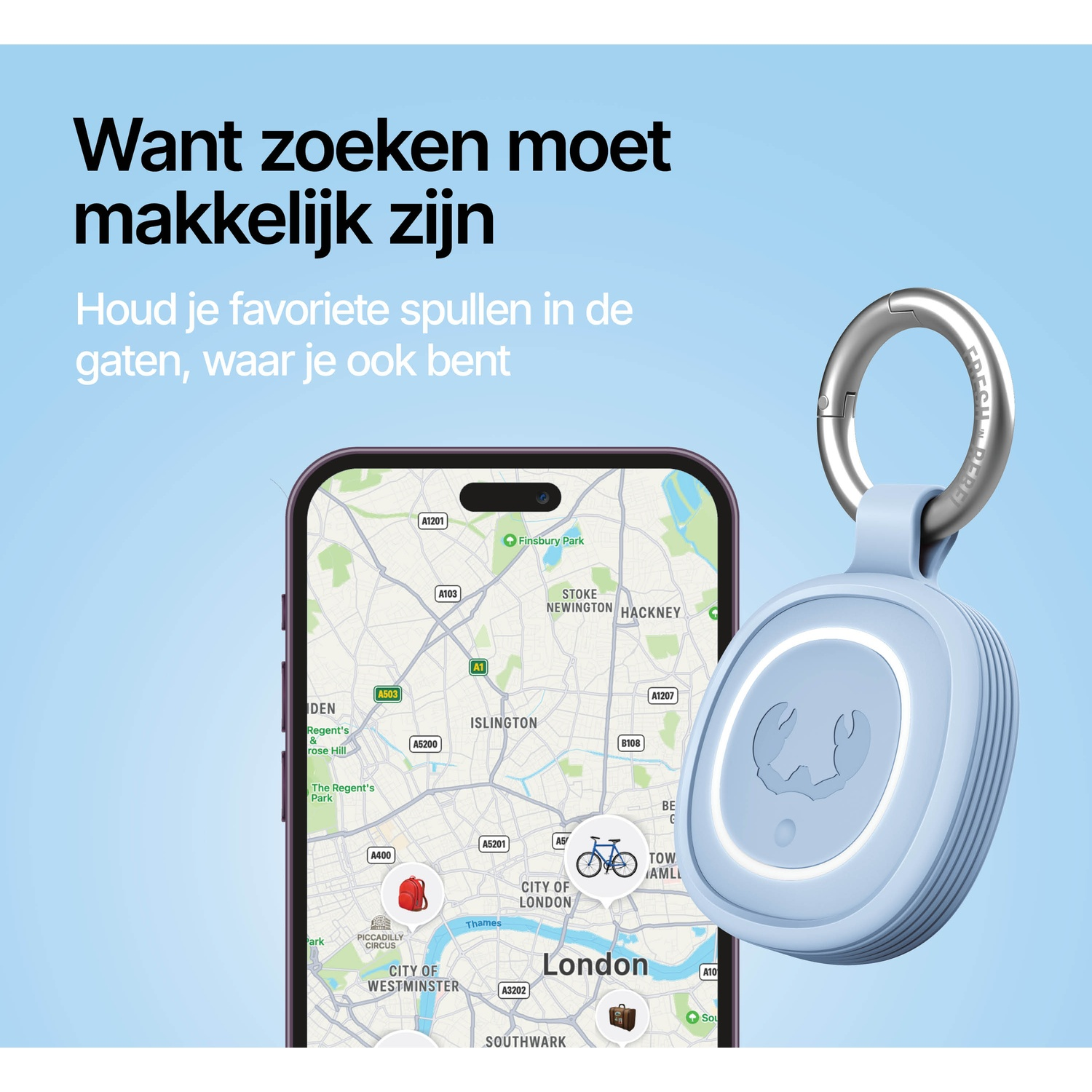 A blue tracker device with a keyring and a smartphone map of London.