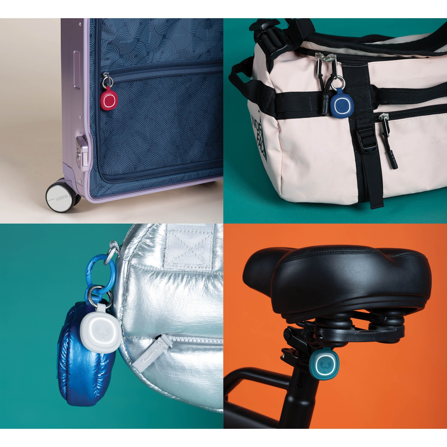 Four images show trackers on luggage, a duffel bag, and a bike seat.
