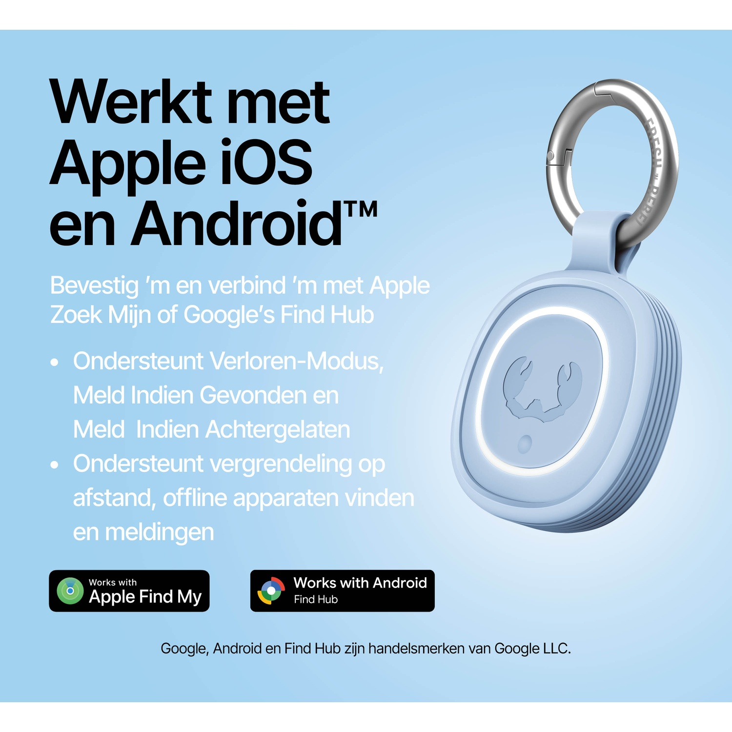 Light blue device with keyring next to text explaining Apple and Android compatibility.