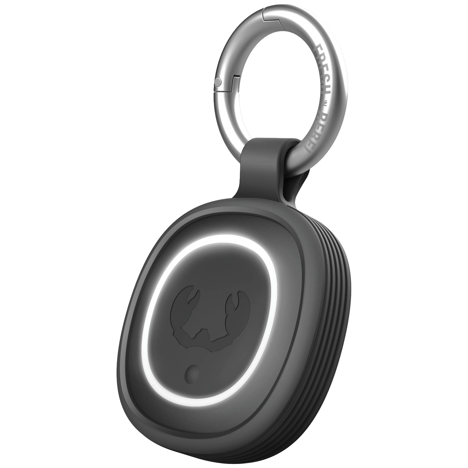 A grey tag with a silver carabiner and a glowing ring.