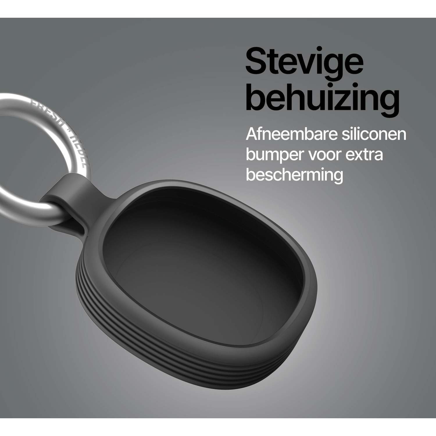 Black silicone case with metal ring, sturdy and detachable.