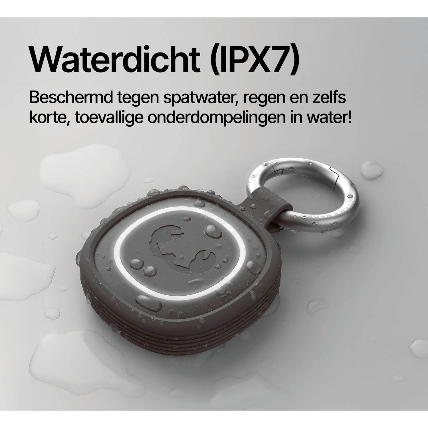 Waterproof (IPX7) speaker with keyring, surrounded by water droplets.