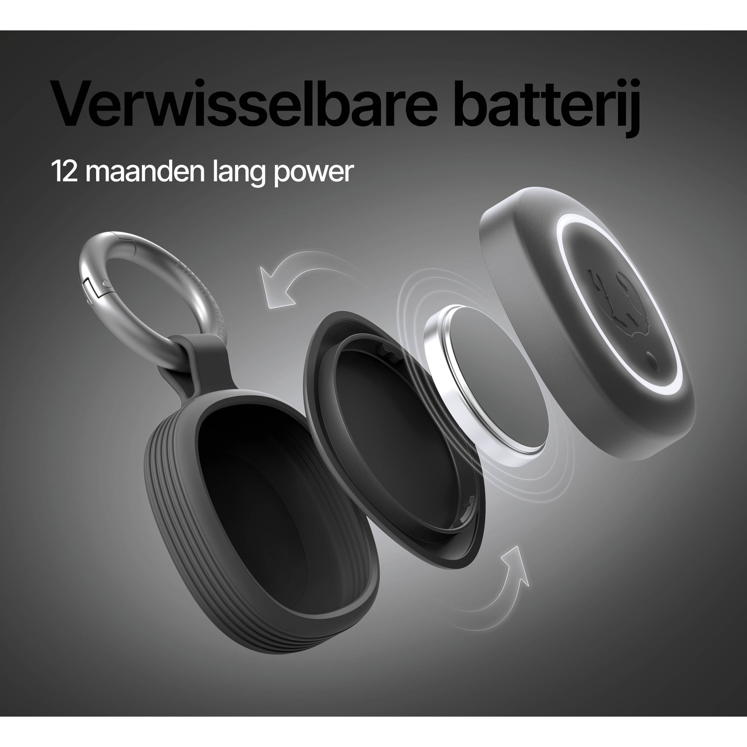 Exploded view of a replaceable battery for a device, offering 12 months of power.