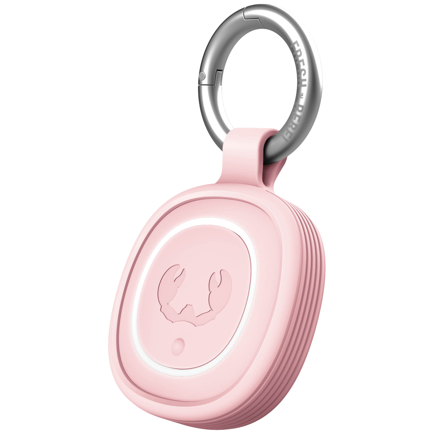 A pink fob with a crab emblem and a silver keychain ring attached.