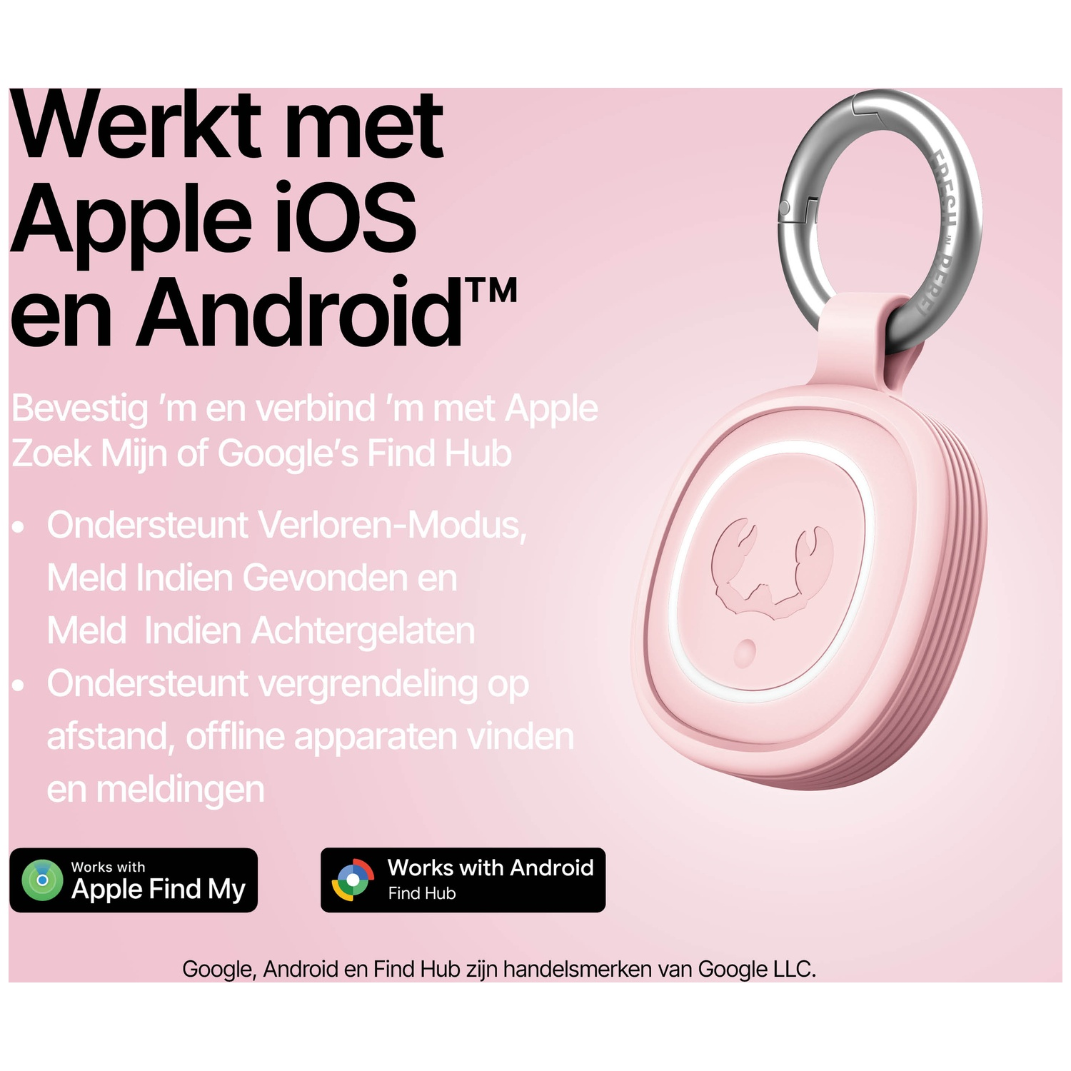 A pink tracker with a ring, compatible with Apple and Android, is displayed.