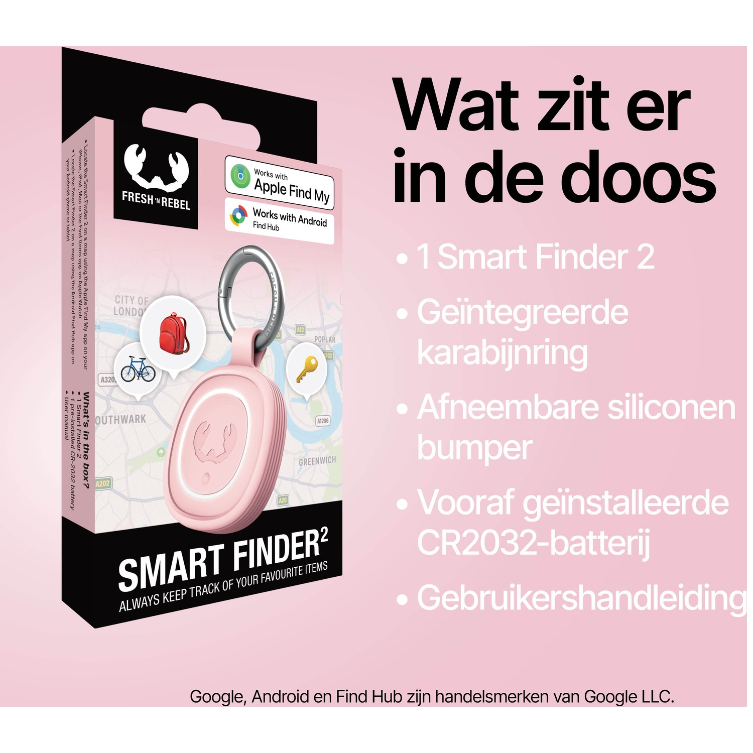 Box of pink Smart Finder 2 showing contents: finder, carabiner, bumper, battery, manual.