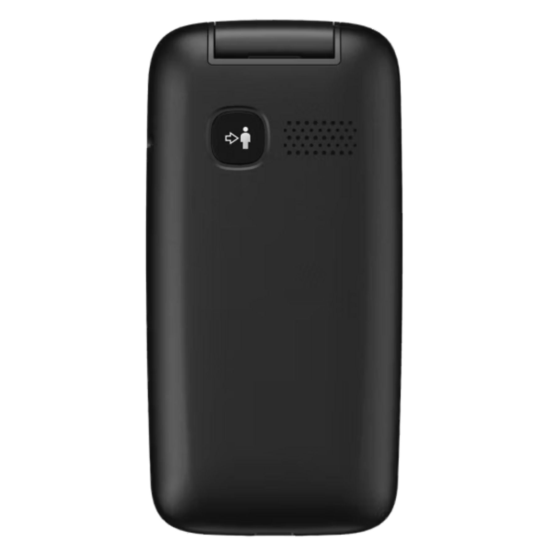 Parte trasera de un teléfono plegable negro con rejilla de altavoz y un icono.