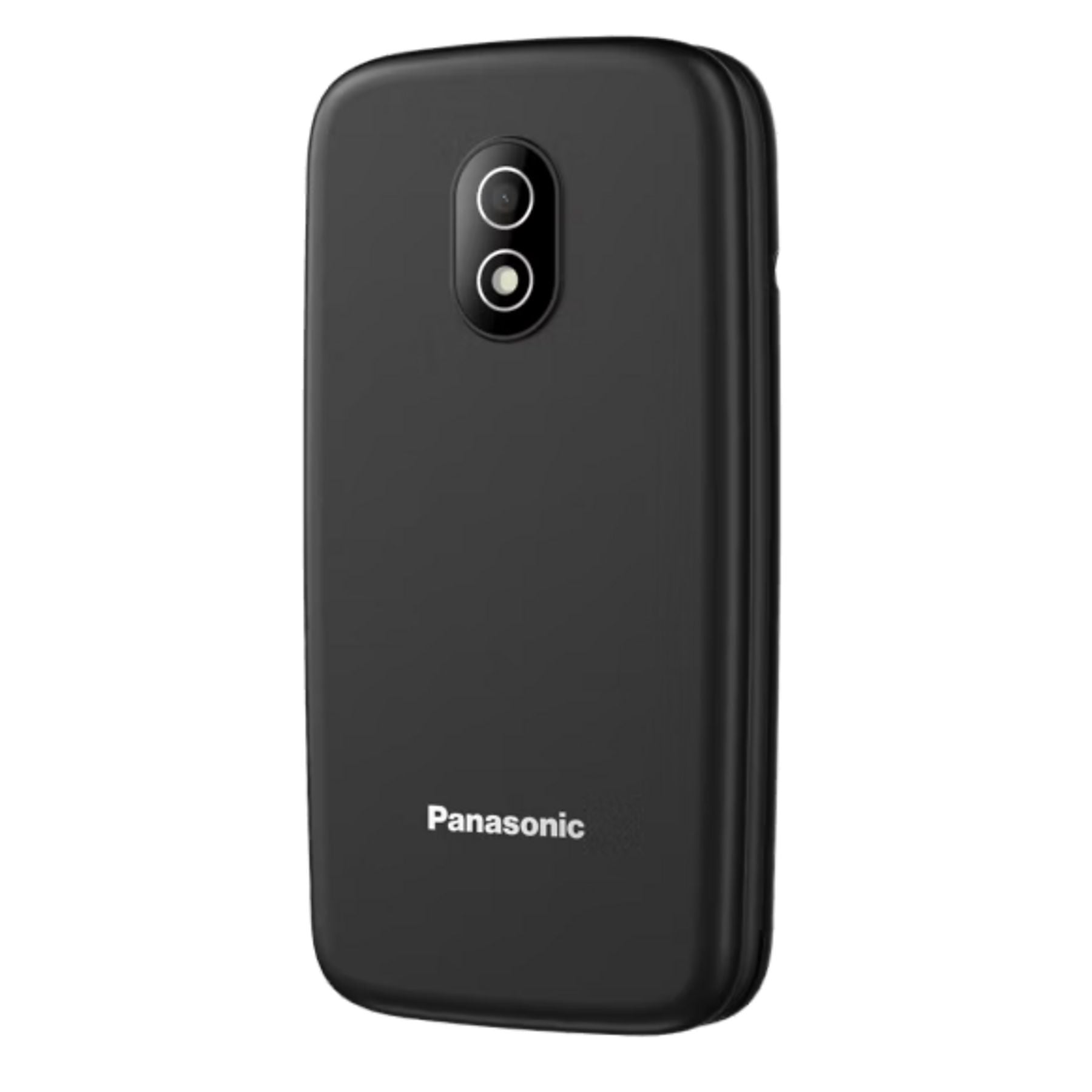 Teléfono Panasonic negro con dos cámaras y flash en la parte superior.
