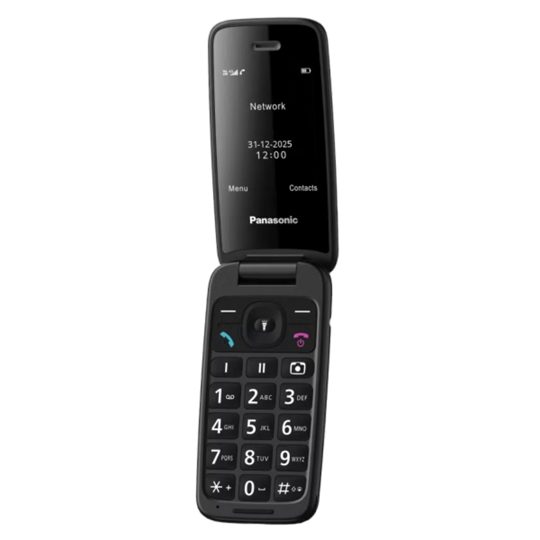 Un teléfono plegable Panasonic negro abierto con teclado y pantalla.