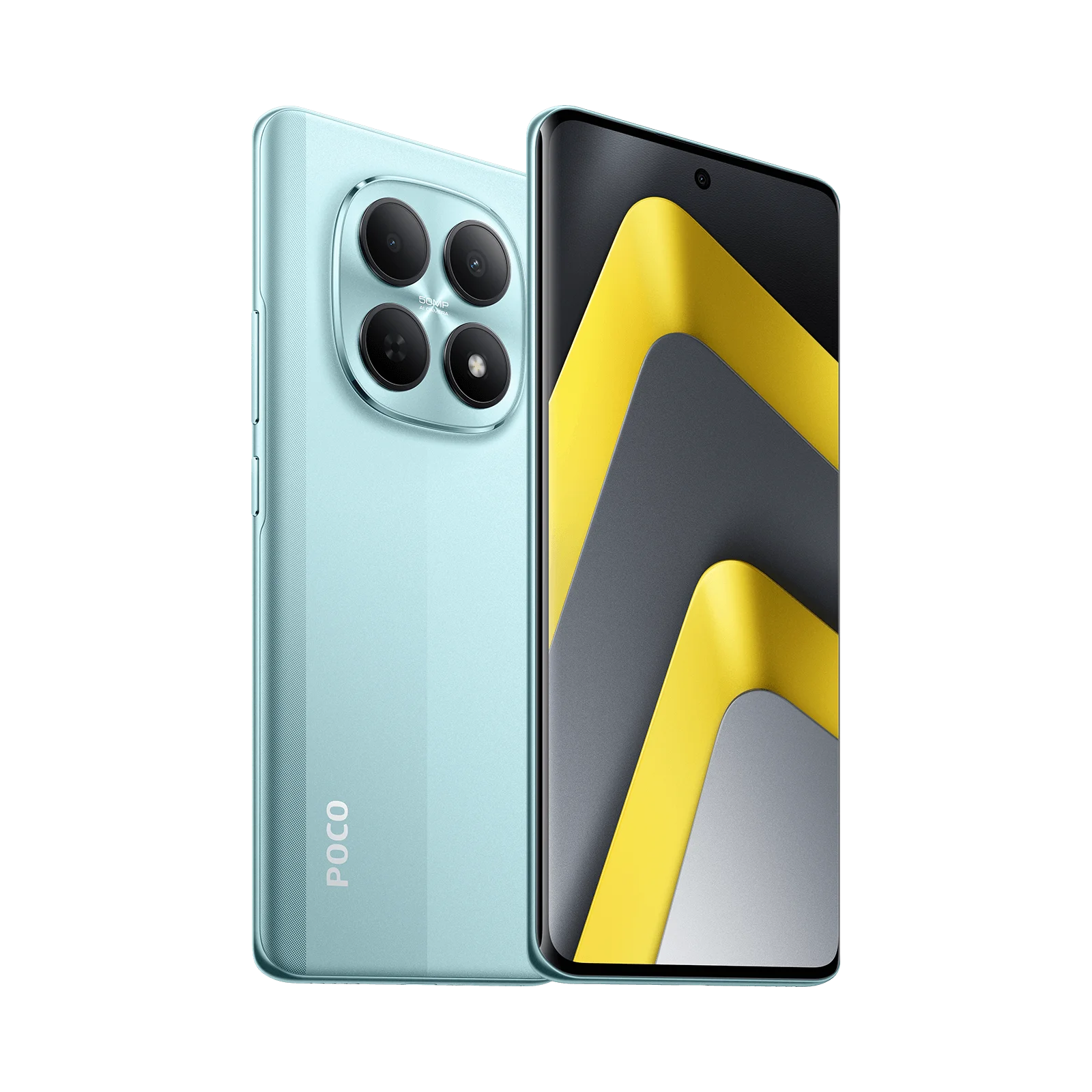 Un smartphone azul claro con cuatro cámaras traseras y una pantalla de rayas.