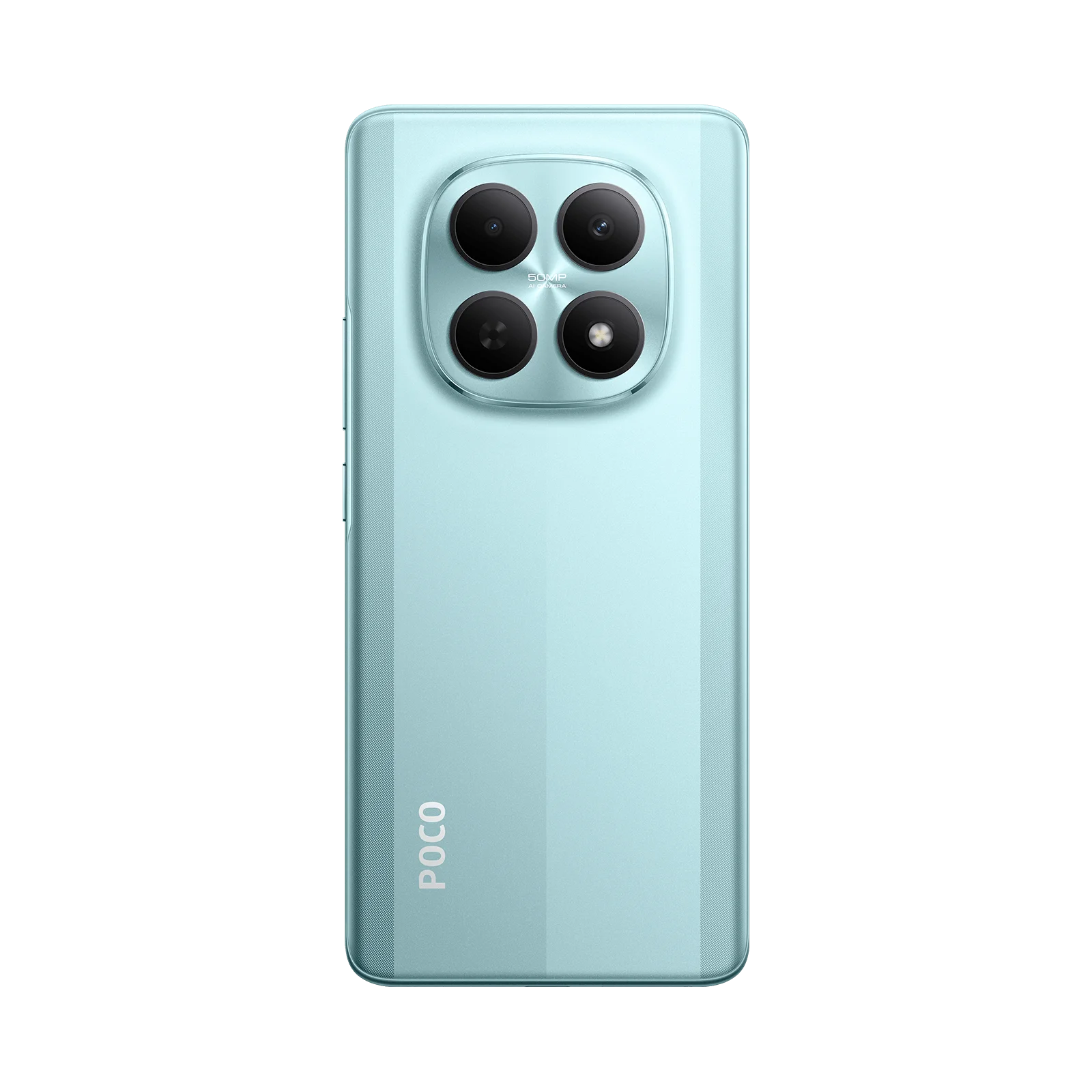 Un smartphone verde claro con cuatro cámaras y el logo de POCO en la parte trasera.