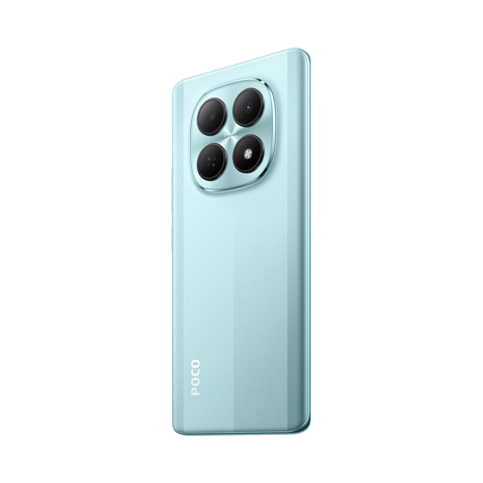 Un smartphone turquesa con cuatro cámaras en un cuadrado en su parte trasera.