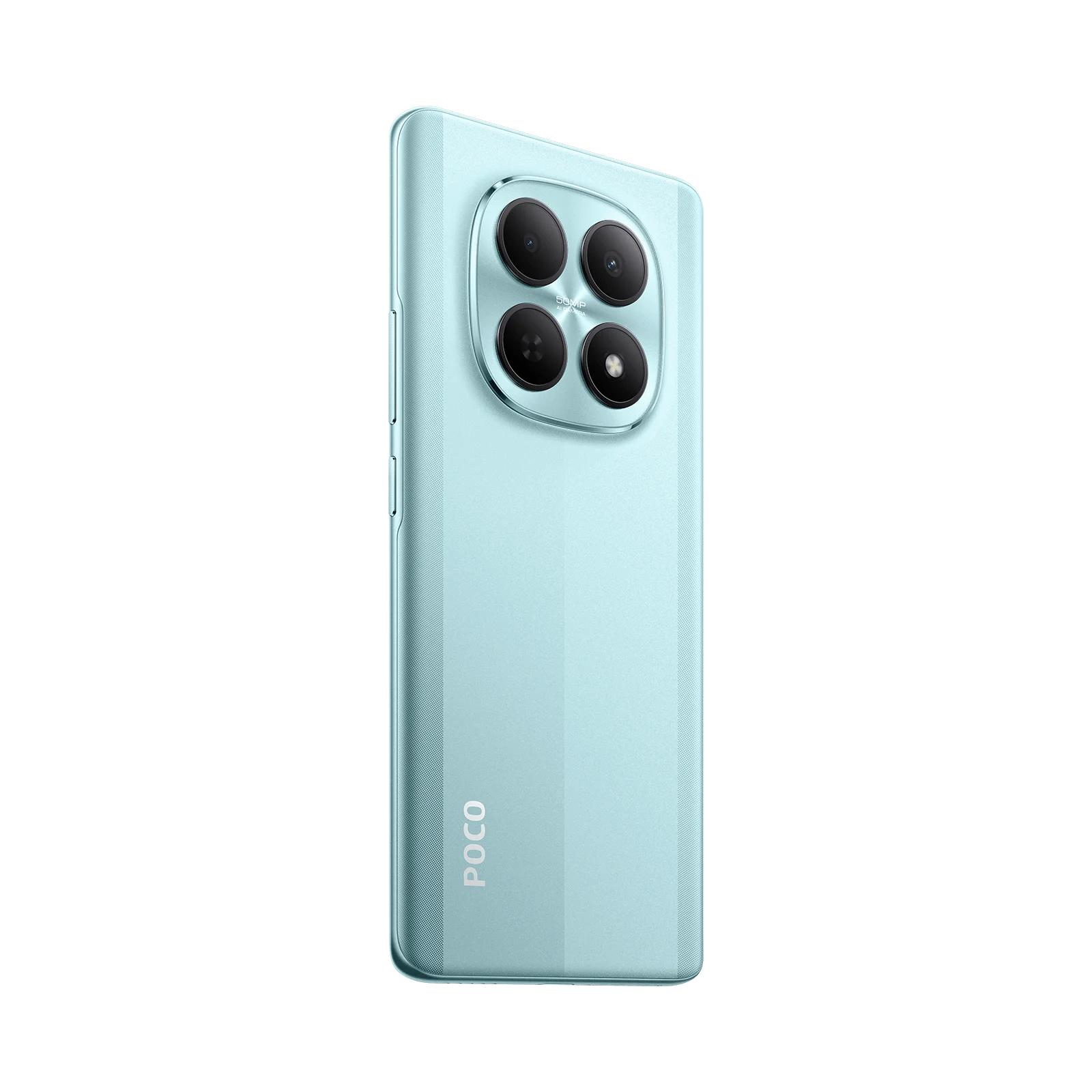Un teléfono POCO azul claro con cuatro cámaras en la parte trasera.